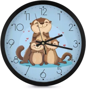 Cute Otter Family Wall Clock 10 Inch Silent Non-ticking Battery Operated Decorative Clock for Kitchen Bedroom