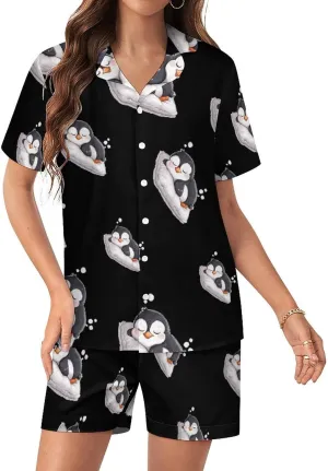 Cute Penguin Sleeping Women's Satin Pajama Set Short Sleeve Button Down Sleepwear Loungewear Pj Set