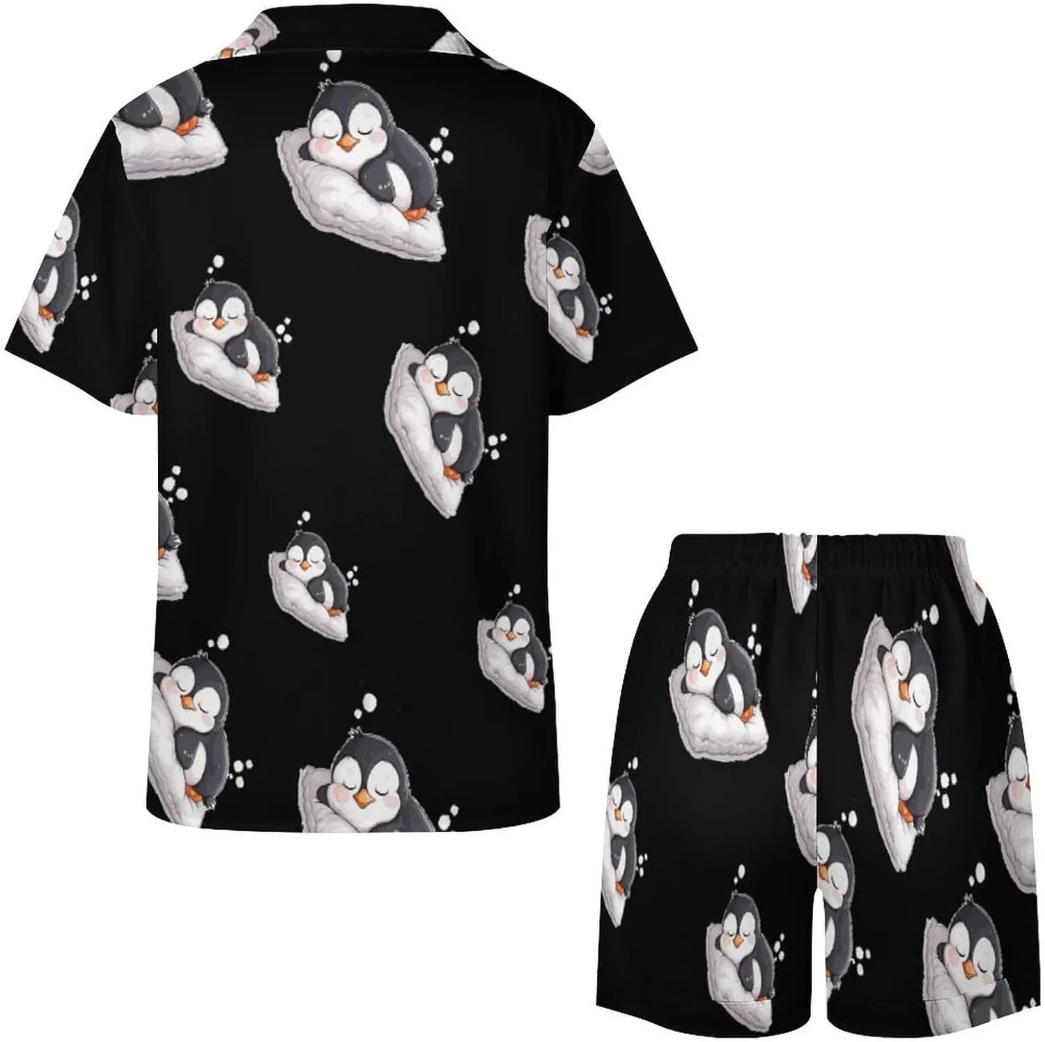 Cute Penguin Sleeping Women's Satin Pajama Set Short Sleeve Button Down Sleepwear Loungewear Pj Set