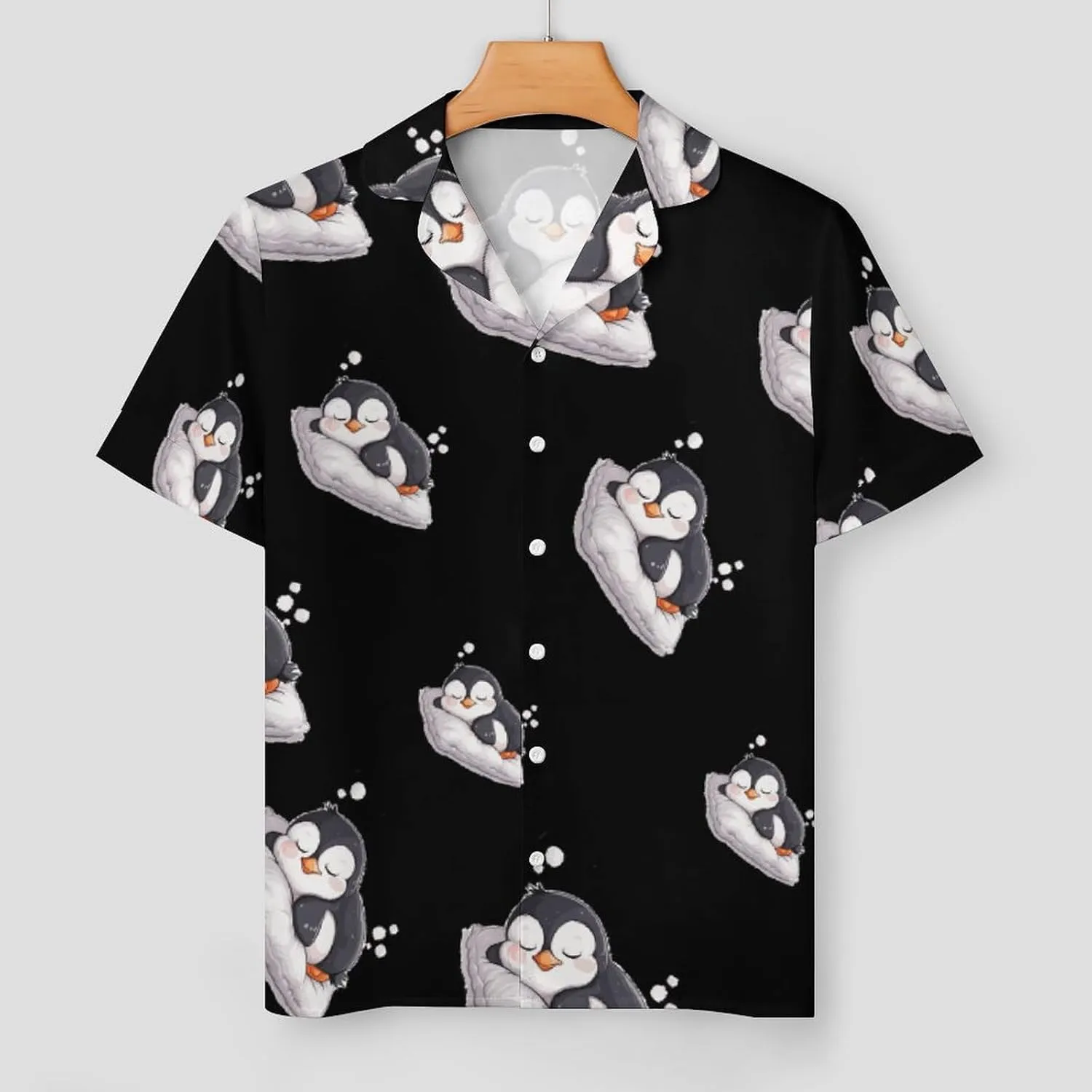 Cute Penguin Sleeping Women's Satin Pajama Set Short Sleeve Button Down Sleepwear Loungewear Pj Set