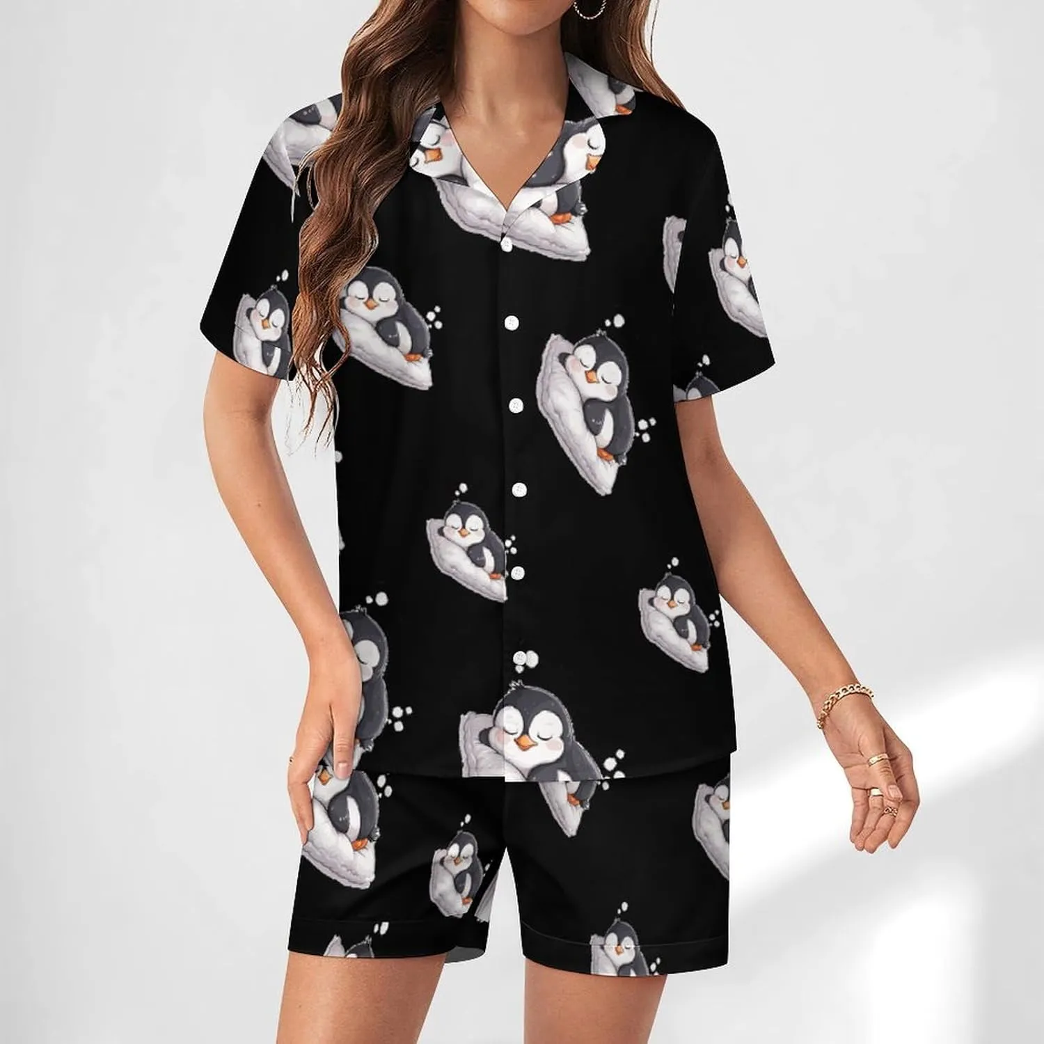 Cute Penguin Sleeping Women's Satin Pajama Set Short Sleeve Button Down Sleepwear Loungewear Pj Set