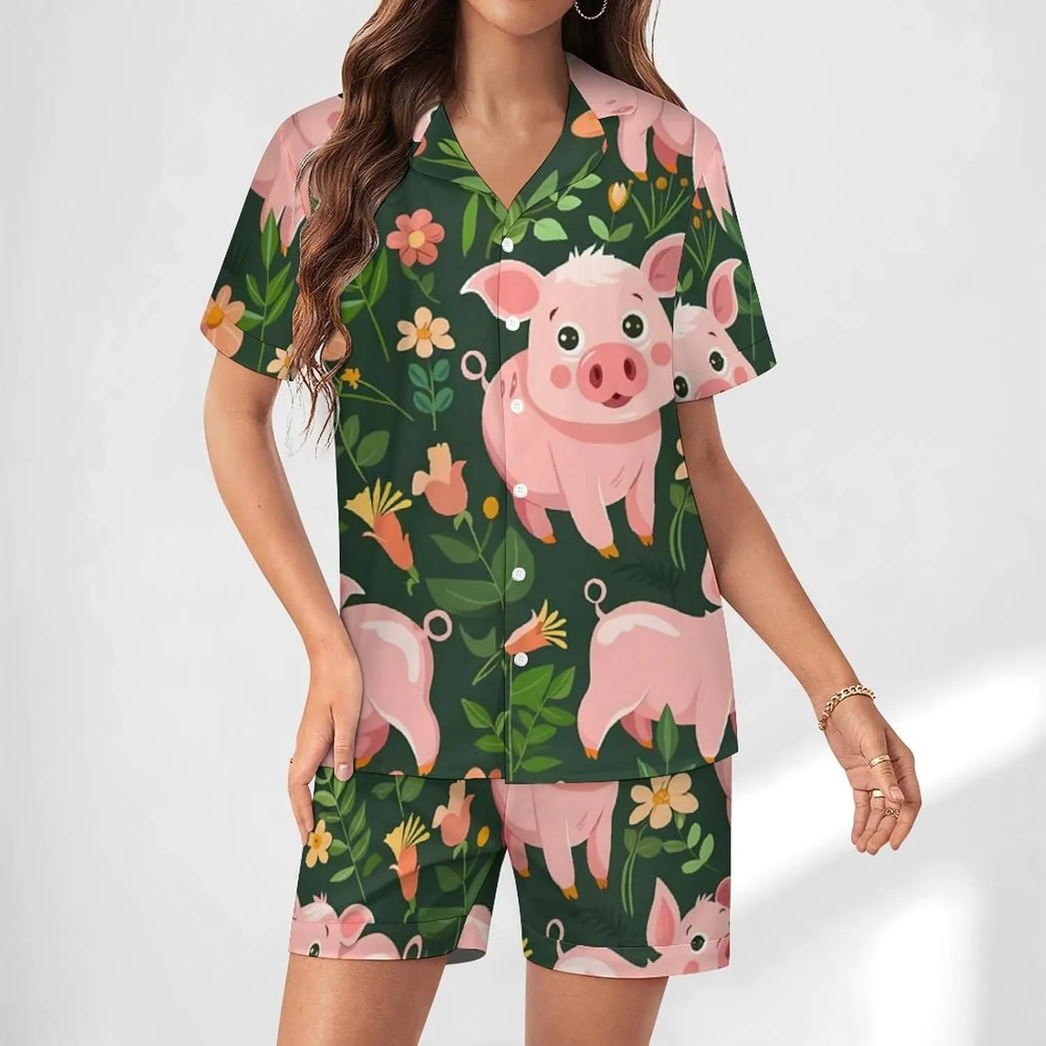 Cute Pigs with Herbs Women's Satin Pajama Set Short Sleeve Button Down Sleepwear Loungewear Pj Set