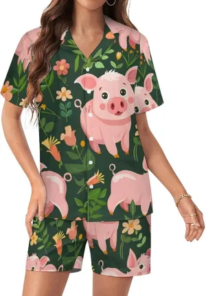 Cute Pigs with Herbs Women's Satin Pajama Set Short Sleeve Button Down Sleepwear Loungewear Pj Set