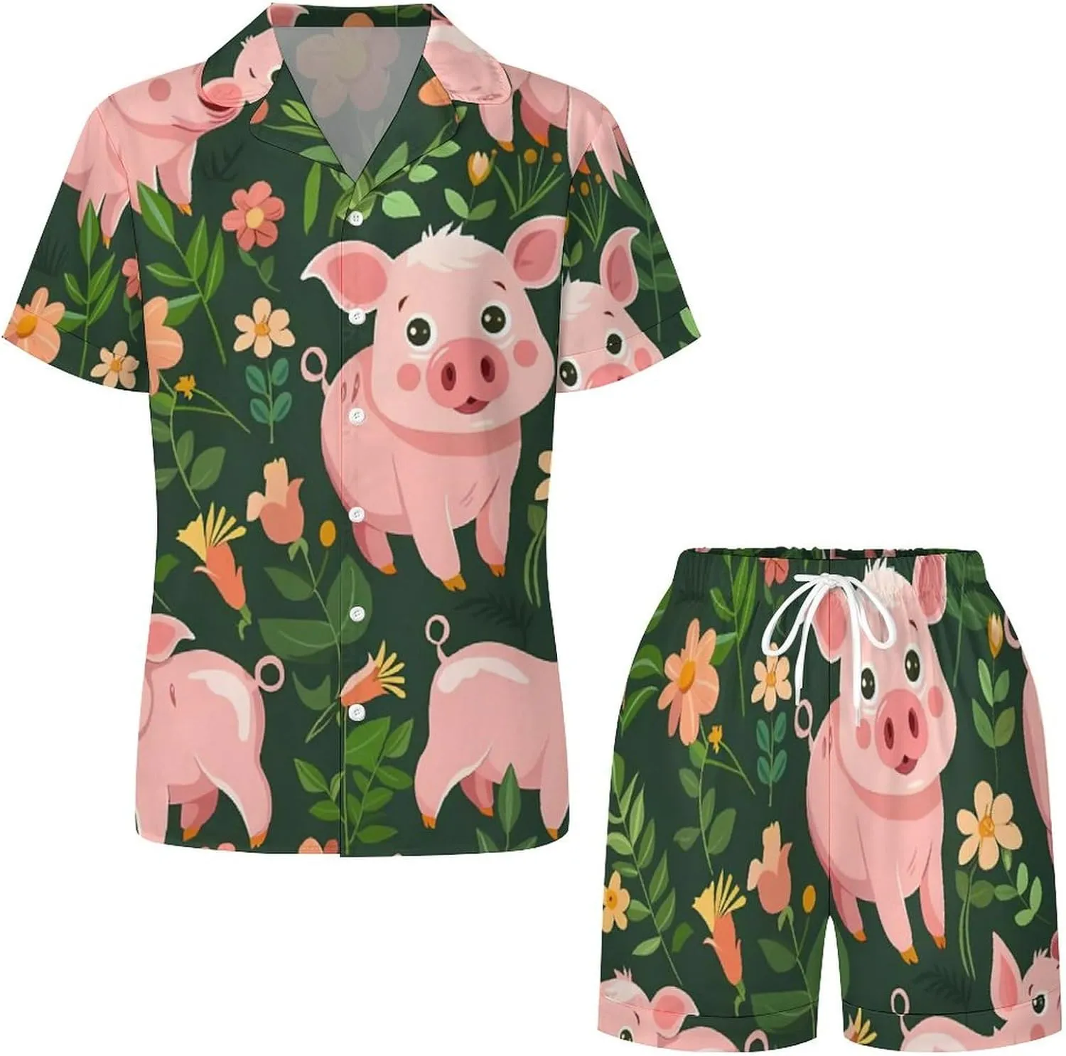 Cute Pigs with Herbs Women's Satin Pajama Set Short Sleeve Button Down Sleepwear Loungewear Pj Set