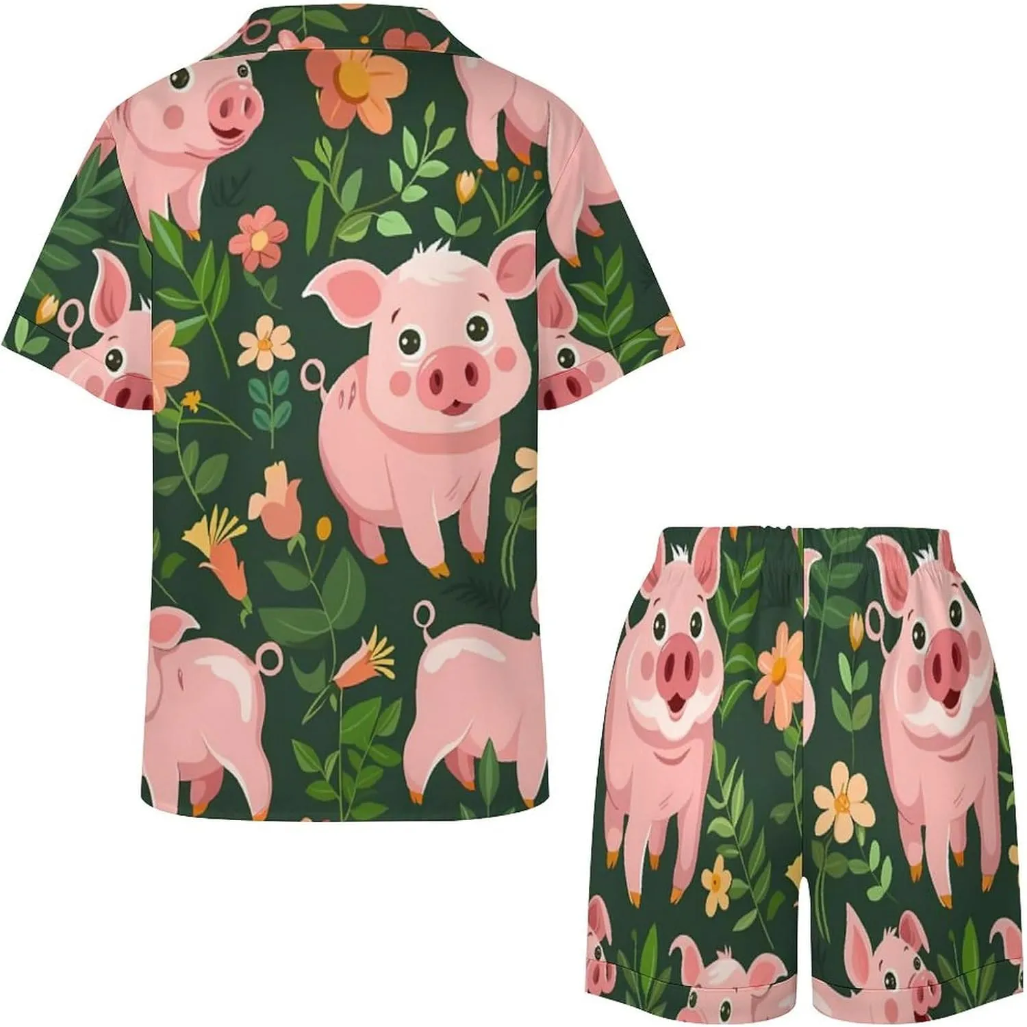 Cute Pigs with Herbs Women's Satin Pajama Set Short Sleeve Button Down Sleepwear Loungewear Pj Set