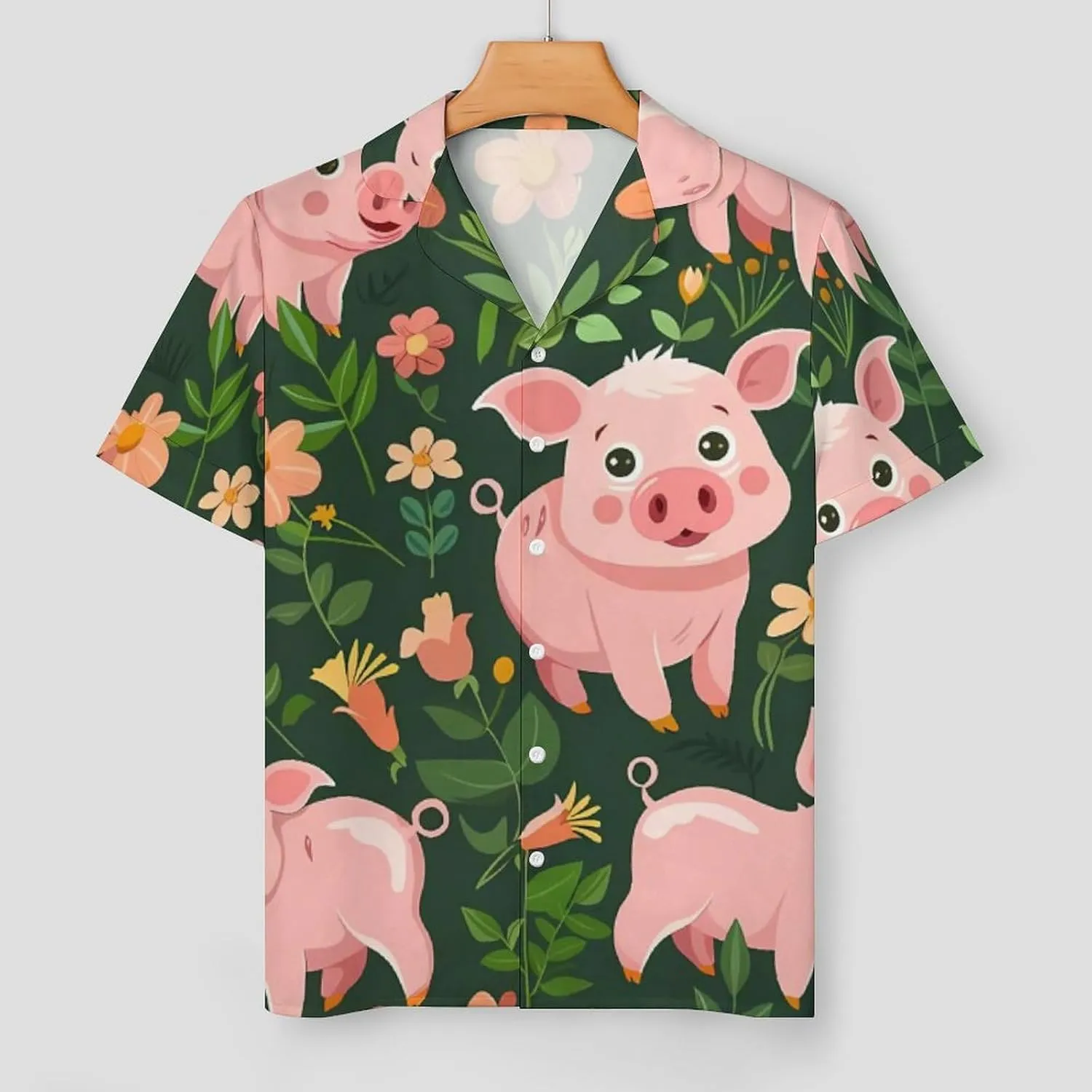 Cute Pigs with Herbs Women's Satin Pajama Set Short Sleeve Button Down Sleepwear Loungewear Pj Set