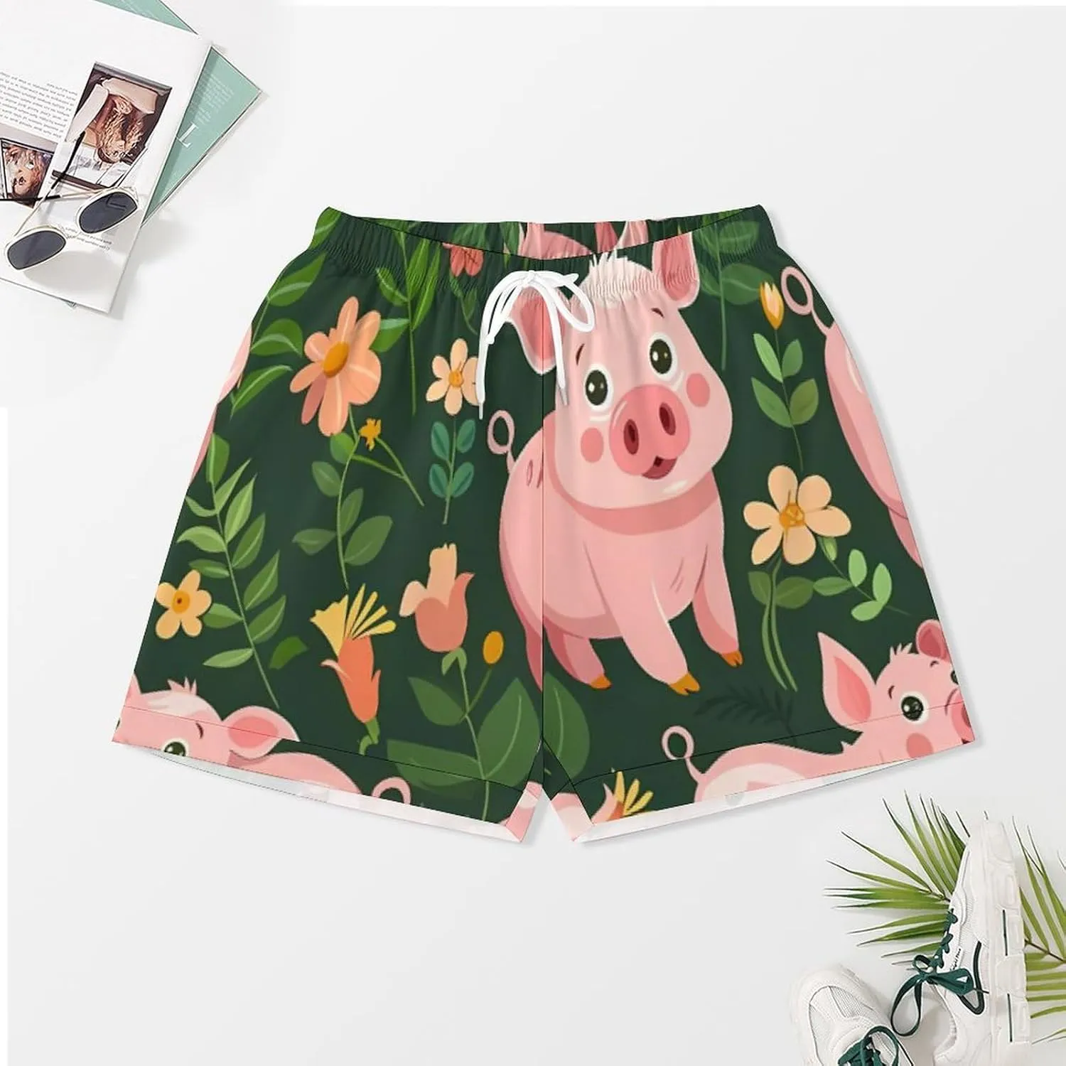 Cute Pigs with Herbs Women's Satin Pajama Set Short Sleeve Button Down Sleepwear Loungewear Pj Set