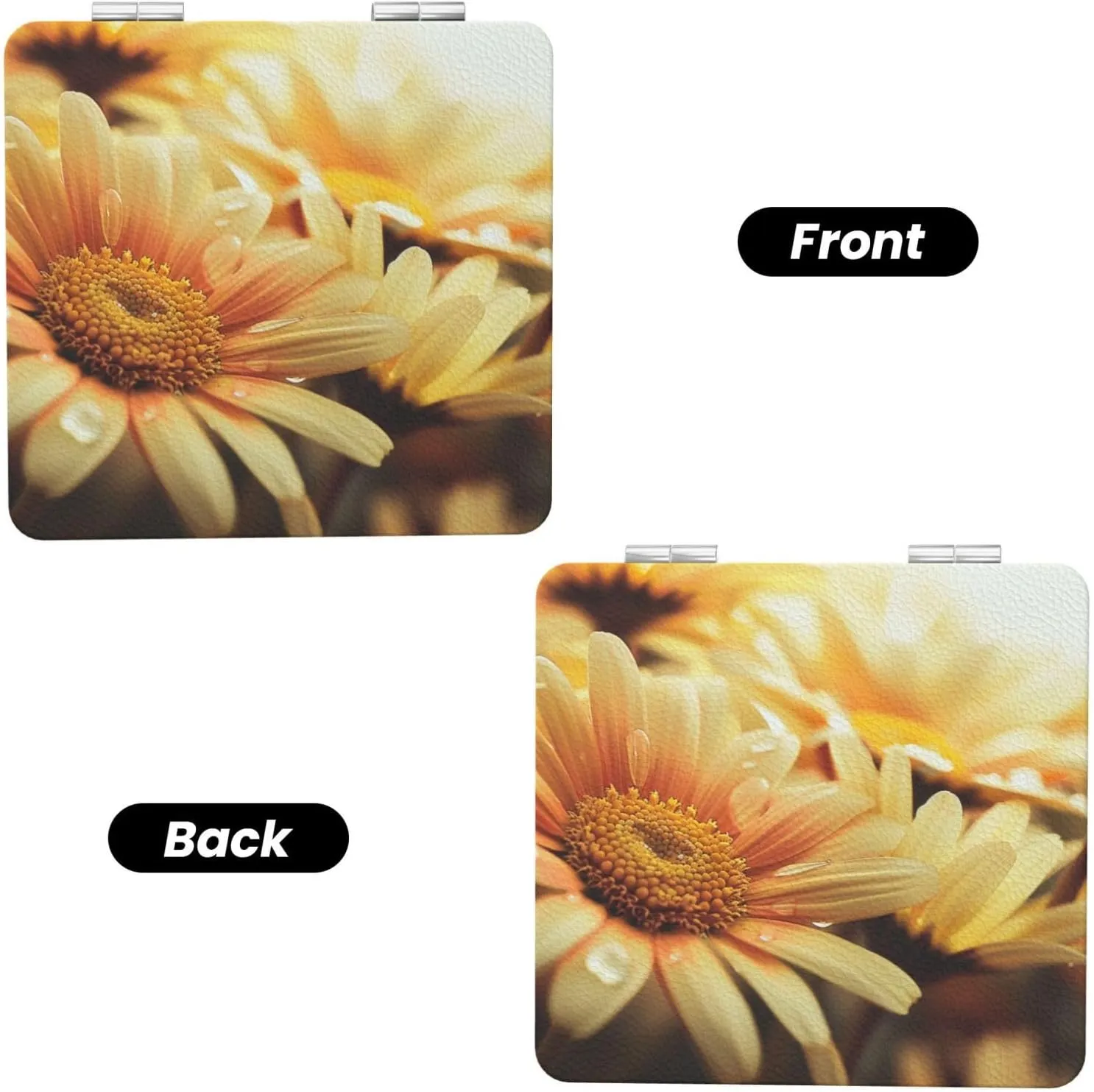 Daisy Flowers Printed Square Pocket Makeup Mirror with 1X/2X Magnification, Portable Mini Travel Makeup Mirror for Travel Daily Work Beauty