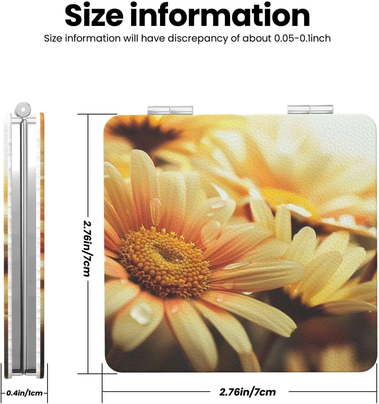 Daisy Flowers Printed Square Pocket Makeup Mirror with 1X/2X Magnification, Portable Mini Travel Makeup Mirror for Travel Daily Work Beauty
