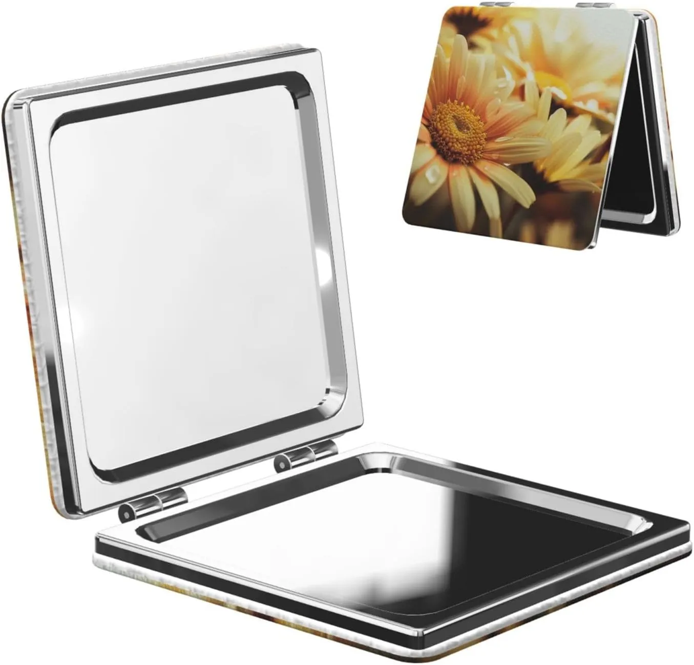 Daisy Flowers Printed Square Pocket Makeup Mirror with 1X/2X Magnification, Portable Mini Travel Makeup Mirror for Travel Daily Work Beauty