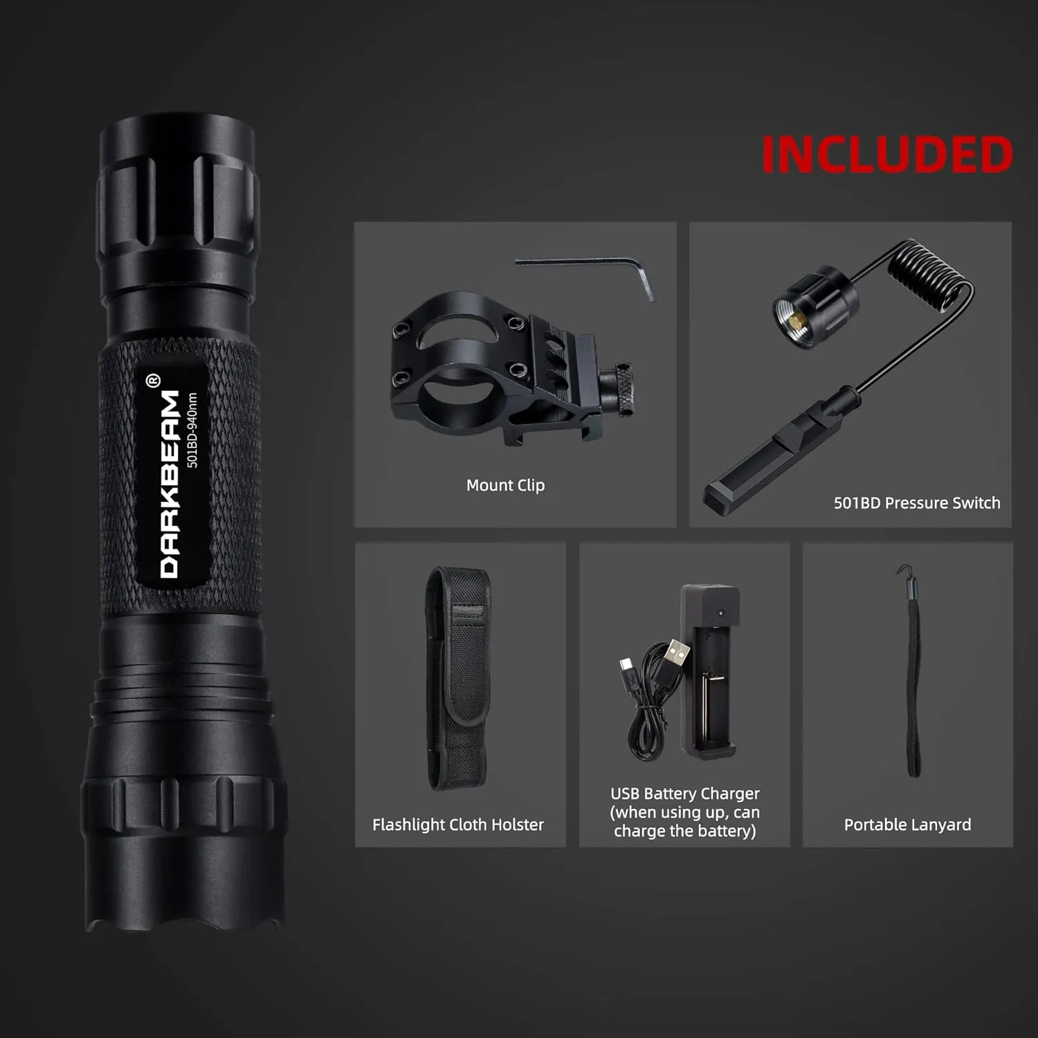 DARKBEAM ir Flashlight Infrared 940nm Light LED Rechargeable Mini for Night Vision, Handheld Tactical ir Illuminator, Focus Adjustable, Portable for Hunting, Observation, Search, with Clip