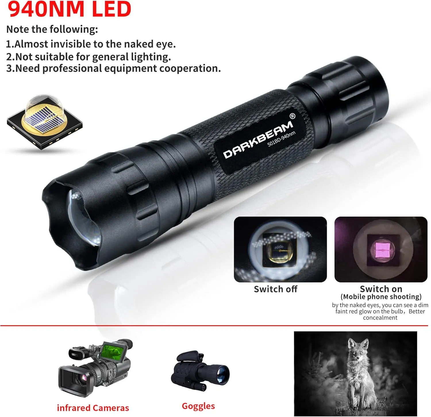 DARKBEAM ir Flashlight Infrared 940nm Light LED Rechargeable Mini for Night Vision, Handheld Tactical ir Illuminator, Focus Adjustable, Portable for Hunting, Observation, Search, with Clip