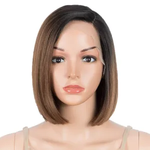 DÉBUT Lace Front Wigs for Black Women Short Bob Wigs Natural Straight Synthetic Hair Swiss Lace Heat Resistant Fibers 9.5" 120g Off Black Mixed Auburn Brown (Simulated Scalp 9.5 Inches, TT1B/30)