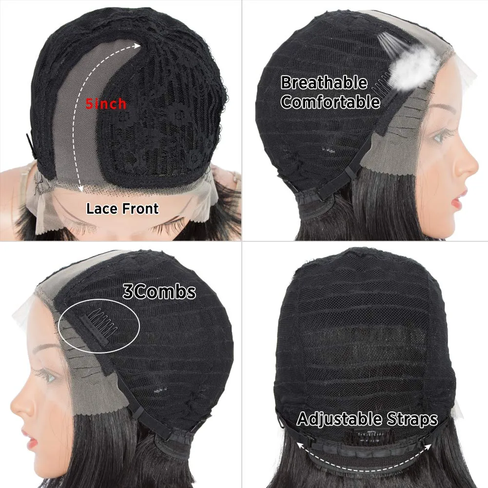 DÉBUT Lace Front Wigs for Black Women Short Bob Wigs Natural Straight Synthetic Hair Swiss Lace Heat Resistant Fibers 9.5" 120g Off Black Mixed Auburn Brown (Simulated Scalp 9.5 Inches, TT1B/30)
