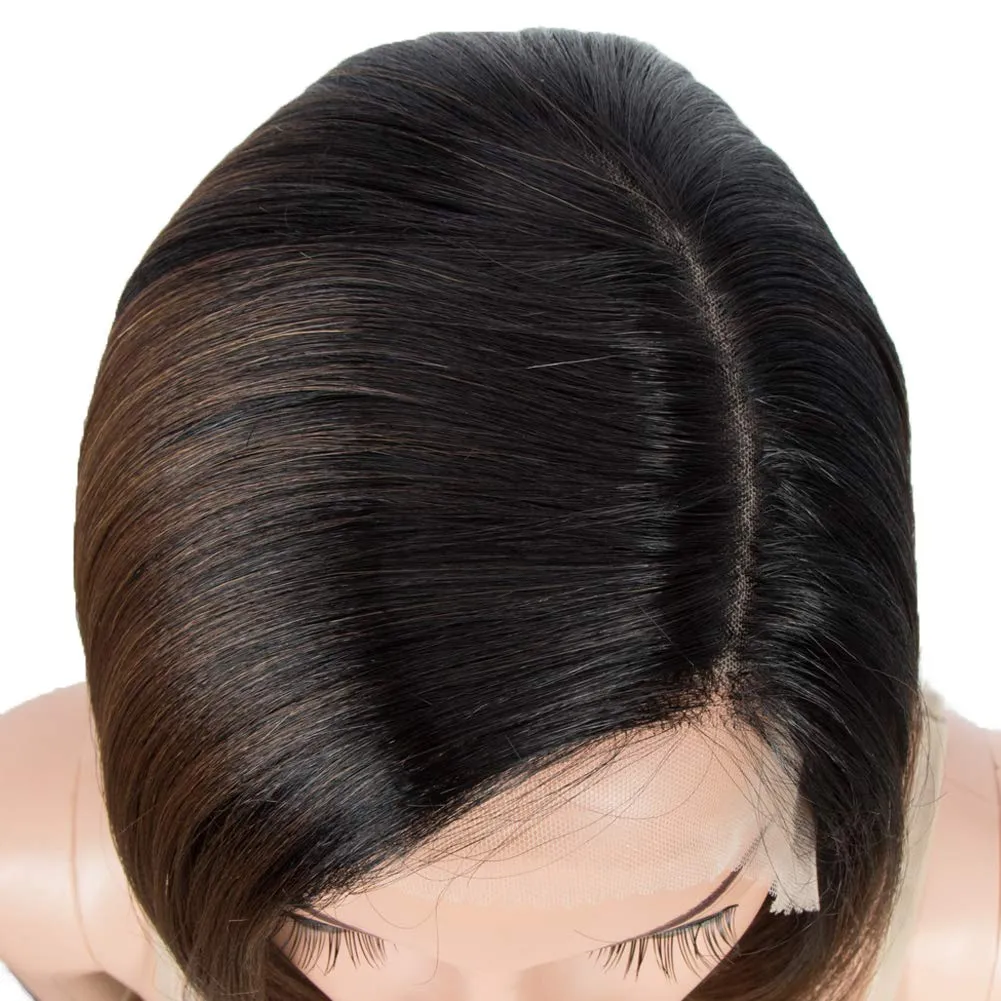 DÉBUT Lace Front Wigs for Black Women Short Bob Wigs Natural Straight Synthetic Hair Swiss Lace Heat Resistant Fibers 9.5" 120g Off Black Mixed Auburn Brown (Simulated Scalp 9.5 Inches, TT1B/30)