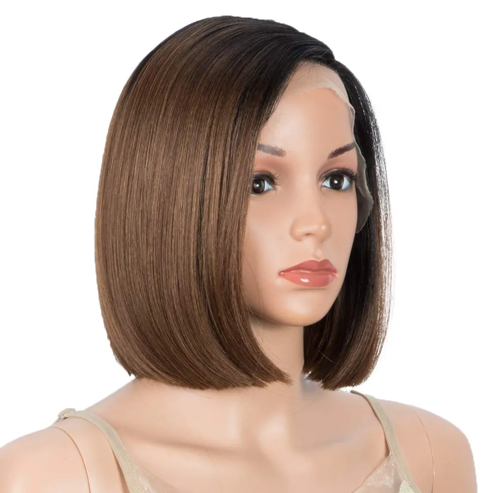 DÉBUT Lace Front Wigs for Black Women Short Bob Wigs Natural Straight Synthetic Hair Swiss Lace Heat Resistant Fibers 9.5" 120g Off Black Mixed Auburn Brown (Simulated Scalp 9.5 Inches, TT1B/30)