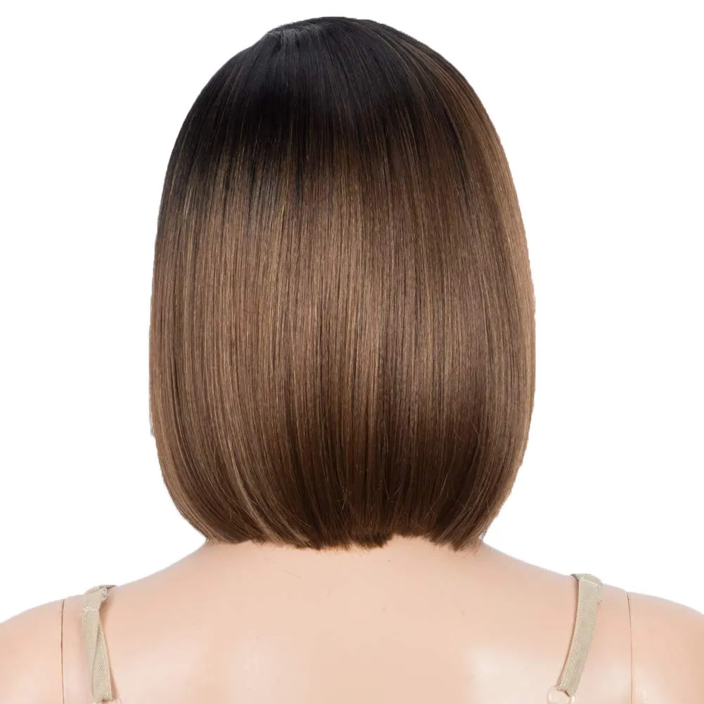 DÉBUT Lace Front Wigs for Black Women Short Bob Wigs Natural Straight Synthetic Hair Swiss Lace Heat Resistant Fibers 9.5" 120g Off Black Mixed Auburn Brown (Simulated Scalp 9.5 Inches, TT1B/30)