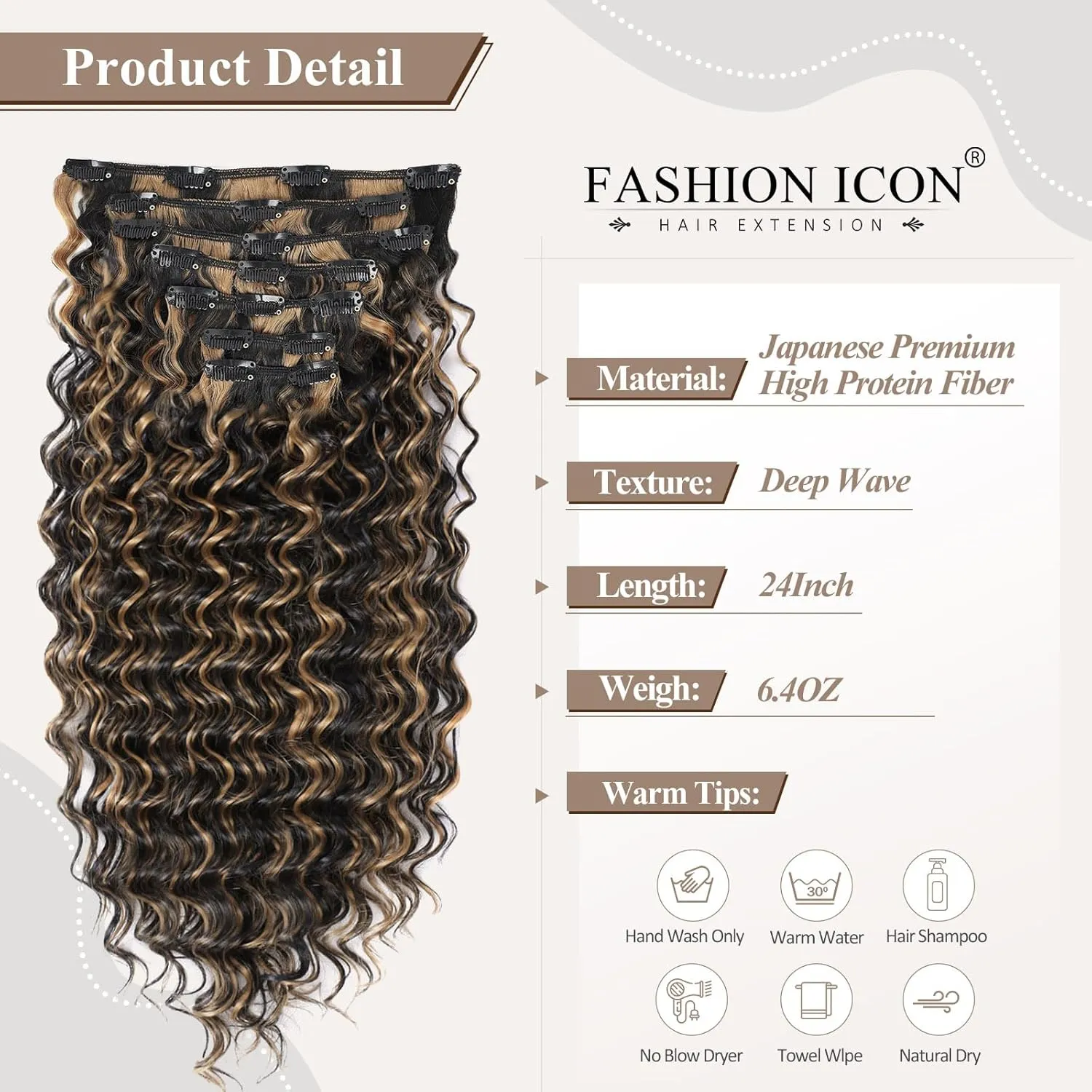 Deep Wave Clip In Hair Extension Human Hair Feeling Double Weft Hairpiece Synthetic For Women Thick Ombre Hair Extension Clips Natural Looking 24 Inch(P1B/27)