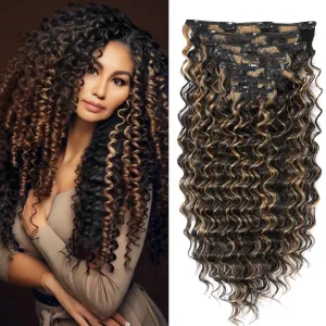 Deep Wave Clip In Hair Extension Human Hair Feeling Double Weft Hairpiece Synthetic For Women Thick Ombre Hair Extension Clips Natural Looking 24 Inch(P1B/27)