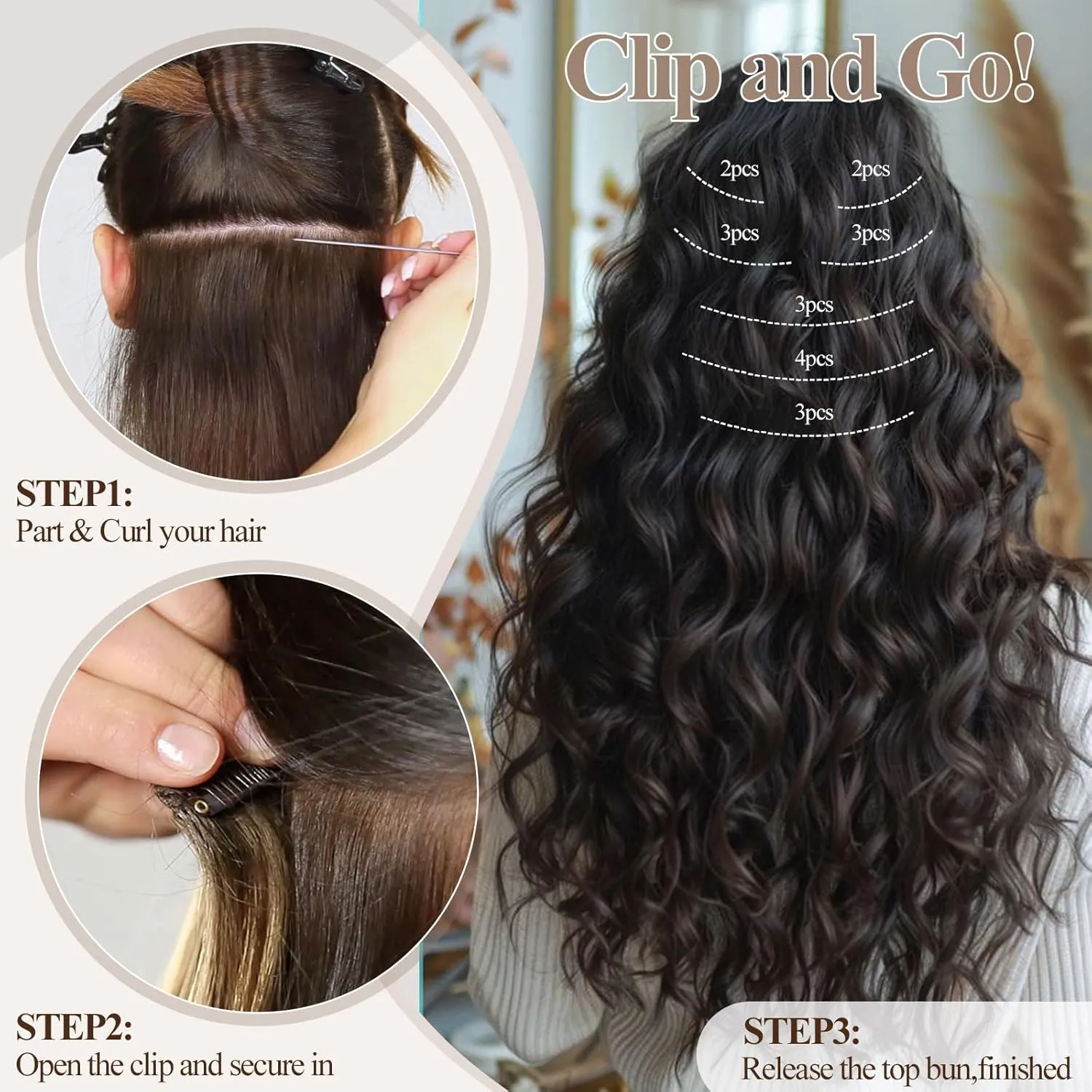 Deep Wave Clip In Hair Extension Human Hair Feeling Double Weft Hairpiece Synthetic For Women Thick Ombre Hair Extension Clips Natural Looking 24 Inch(P1B/27)