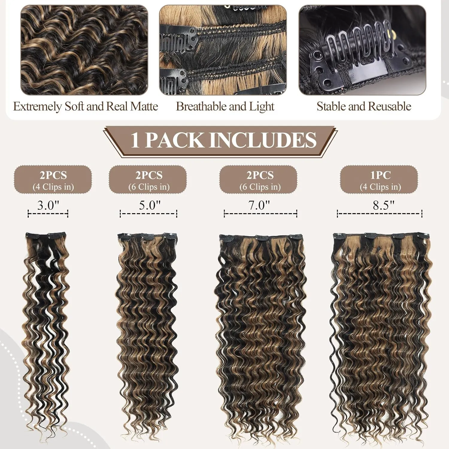 Deep Wave Clip In Hair Extension Human Hair Feeling Double Weft Hairpiece Synthetic For Women Thick Ombre Hair Extension Clips Natural Looking 24 Inch(P1B/27)