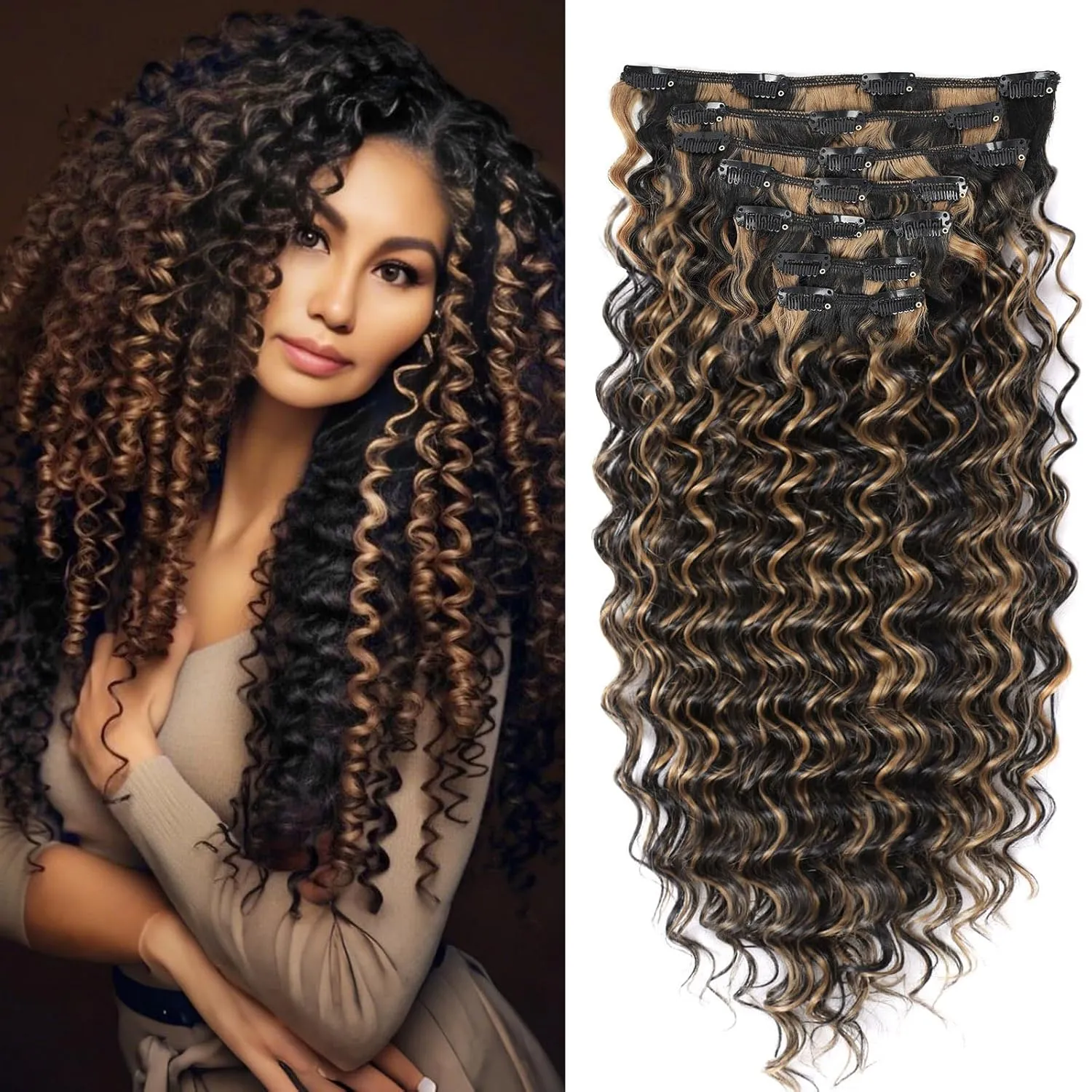 Deep Wave Clip In Hair Extension Human Hair Feeling Double Weft Hairpiece Synthetic For Women Thick Ombre Hair Extension Clips Natural Looking 24 Inch(P1B/27)