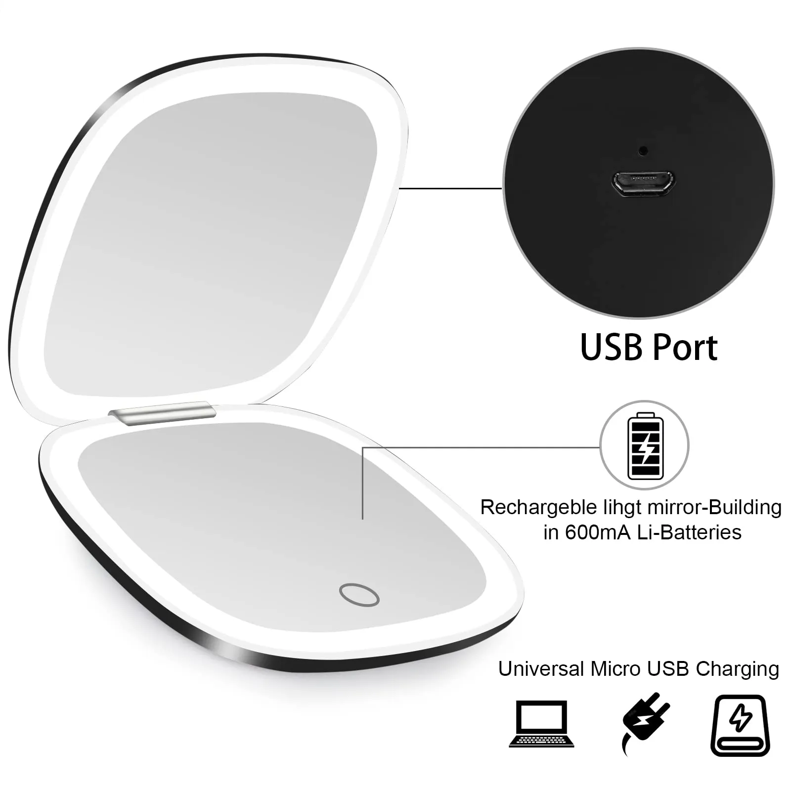 deweisn Compact Mirror, Lighted Travel Makeup Mirror with 1X/10X Magnifying Double Sided Dimmable Portable Pocket Mirror for Handbag, USB Charging(Black)