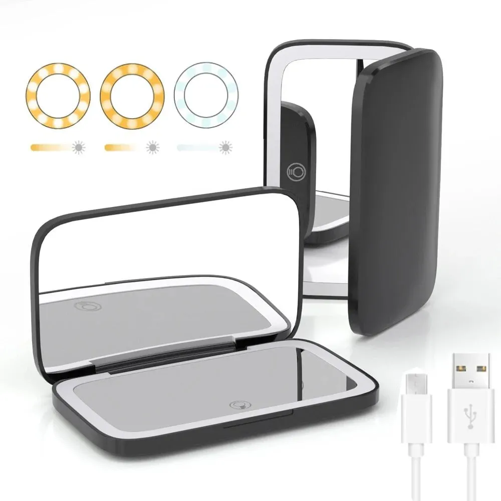 Dimmable LED Lighted Travel Makeup Mirror: 1X/5X Magnification