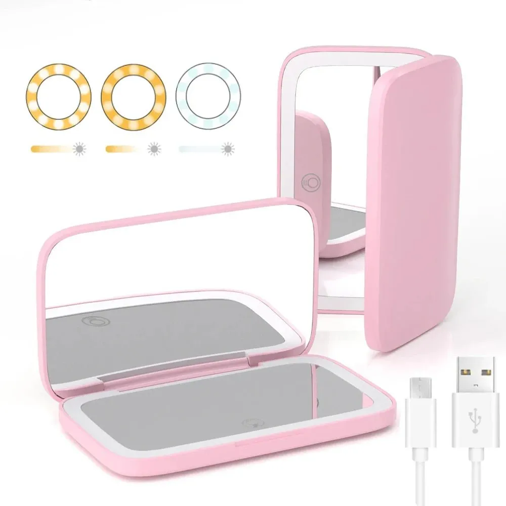 Dimmable LED Lighted Travel Makeup Mirror: 1X/5X Magnification