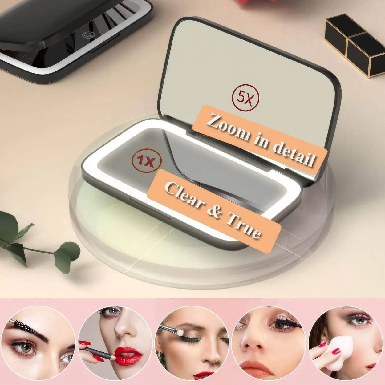 Dimmable LED Lighted Travel Makeup Mirror: 1X/5X Magnification