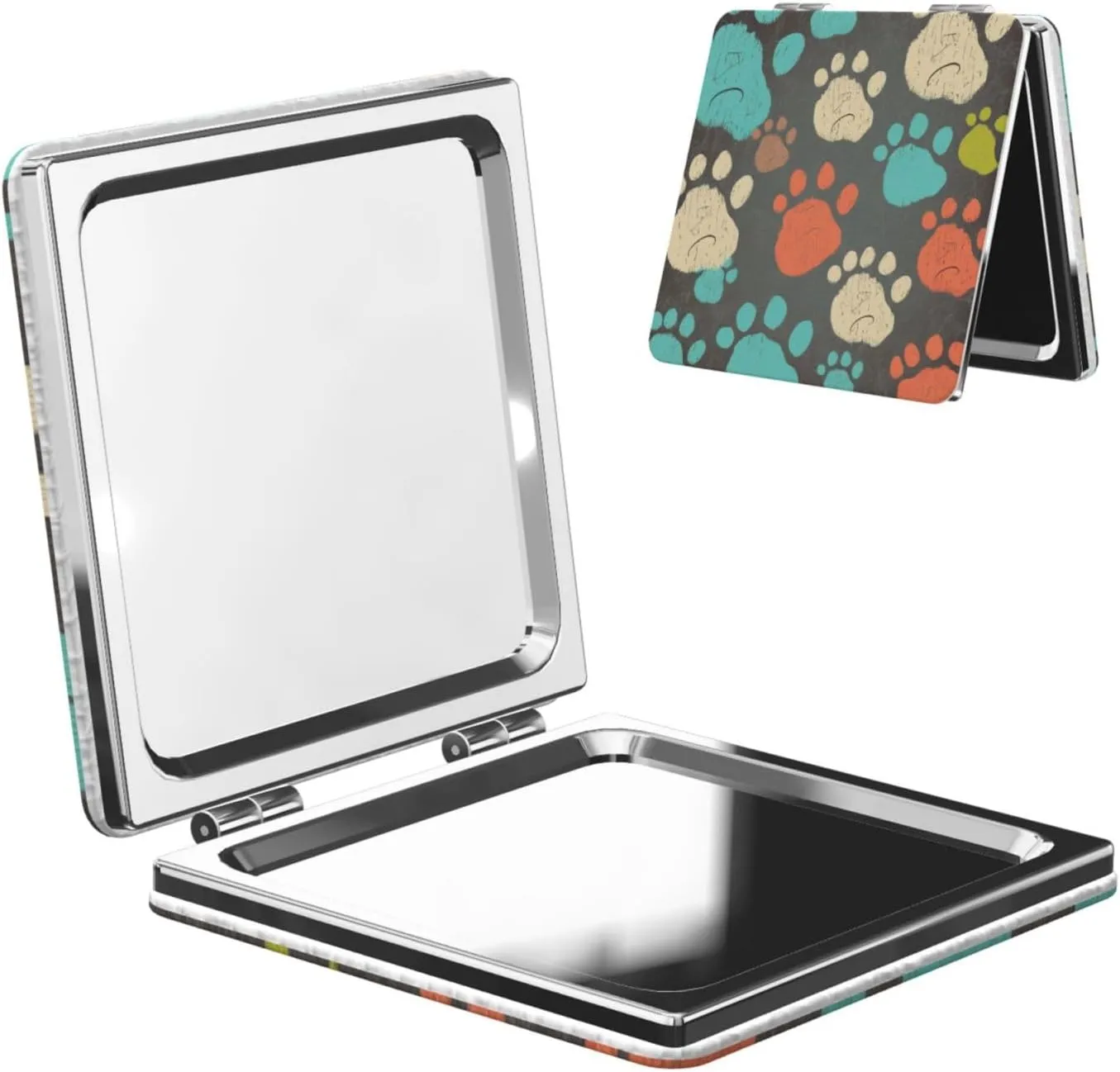 Dog Paws Print Printed Square Pocket Makeup Mirror with 1X/2X Magnification, Portable Mini Travel Makeup Mirror for Travel Daily Work Beauty