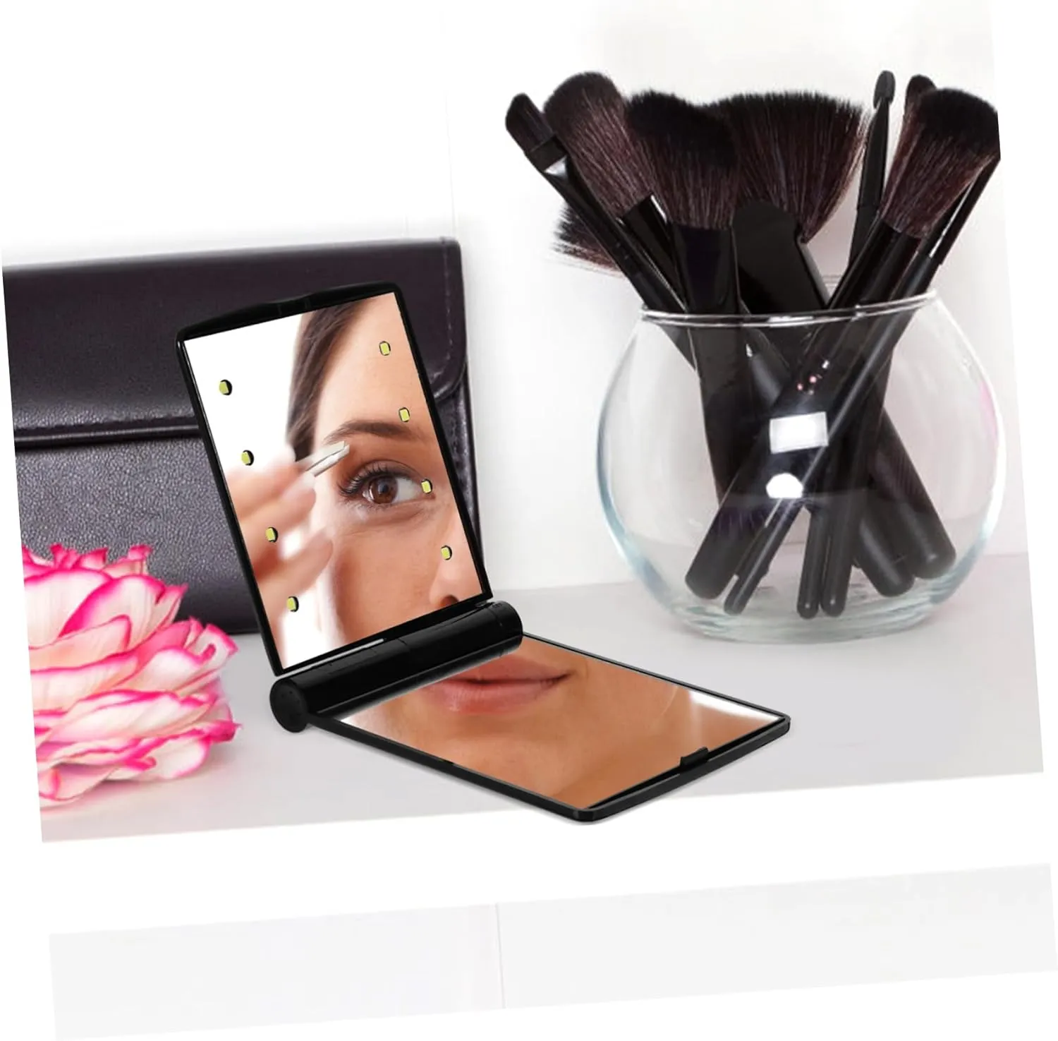 DOITOOL Foldable Led Makeup Mirror Dual-sided Handheld Design Compact Portable for Travel Daily Use Sturdy Protective Shell Light for Enhanced Makeup Application