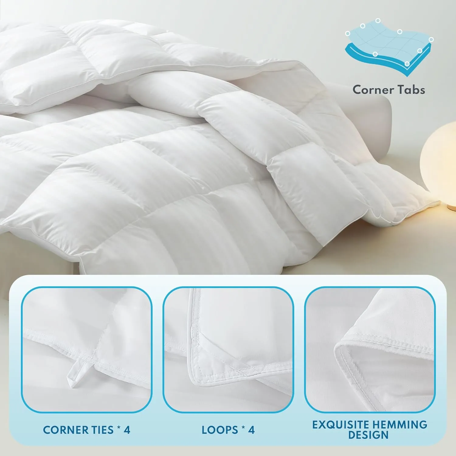 Down Feather Comforter King Size - All Season Hotel Duvet Insert, Medium Warmth Ultra-Soft 750 Fill Power Fluffy Premium Comforter with 8 Corner Tabs, Stripe Pattern Cotton Blend Cover