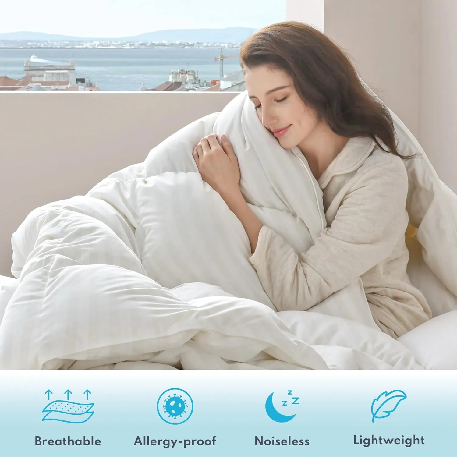 Down Feather Comforter King Size - All Season Hotel Duvet Insert, Medium Warmth Ultra-Soft 750 Fill Power Fluffy Premium Comforter with 8 Corner Tabs, Stripe Pattern Cotton Blend Cover