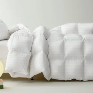 Down Feather Comforter King Size - All Season Hotel Duvet Insert, Medium Warmth Ultra-Soft 750 Fill Power Fluffy Premium Comforter with 8 Corner Tabs, Stripe Pattern Cotton Blend Cover