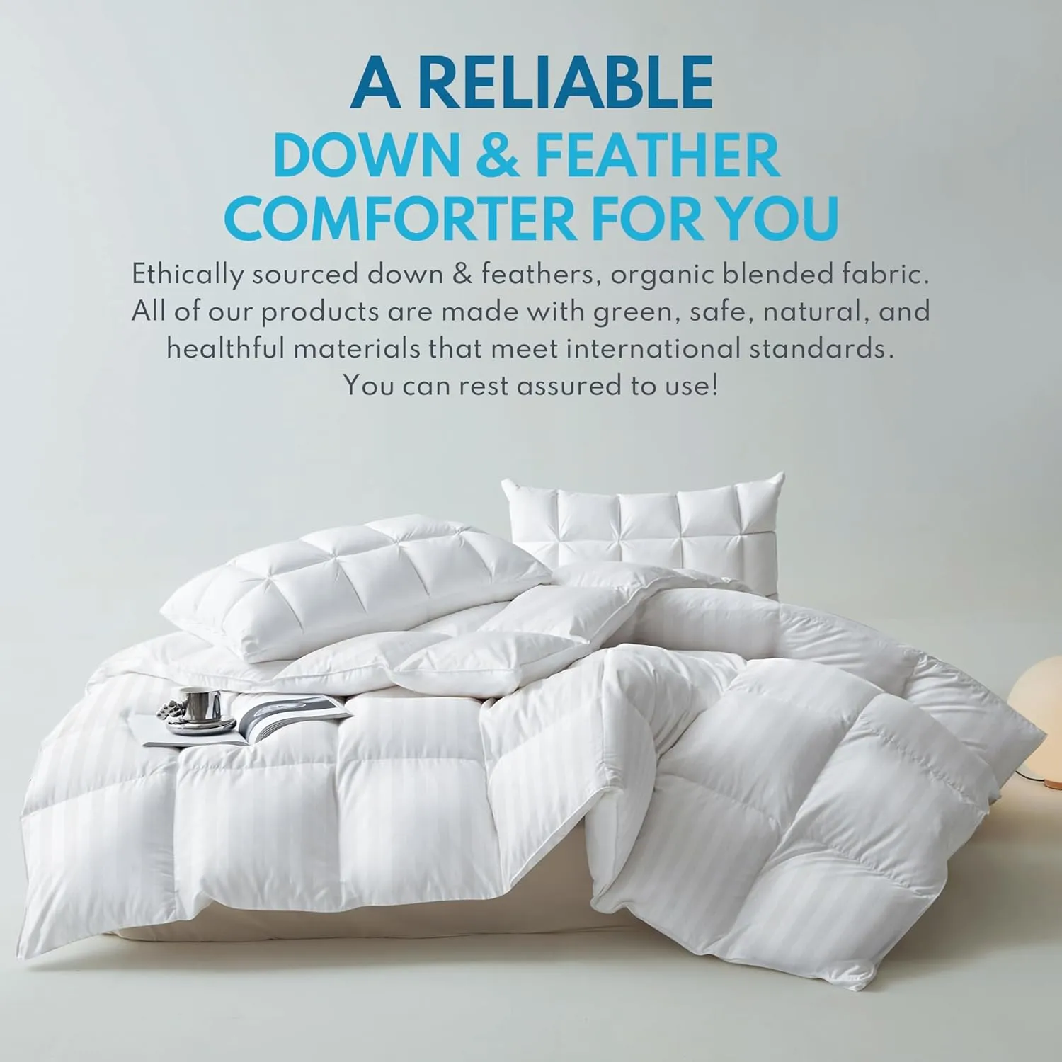 Down Feather Comforter King Size - All Season Hotel Duvet Insert, Medium Warmth Ultra-Soft 750 Fill Power Fluffy Premium Comforter with 8 Corner Tabs, Stripe Pattern Cotton Blend Cover