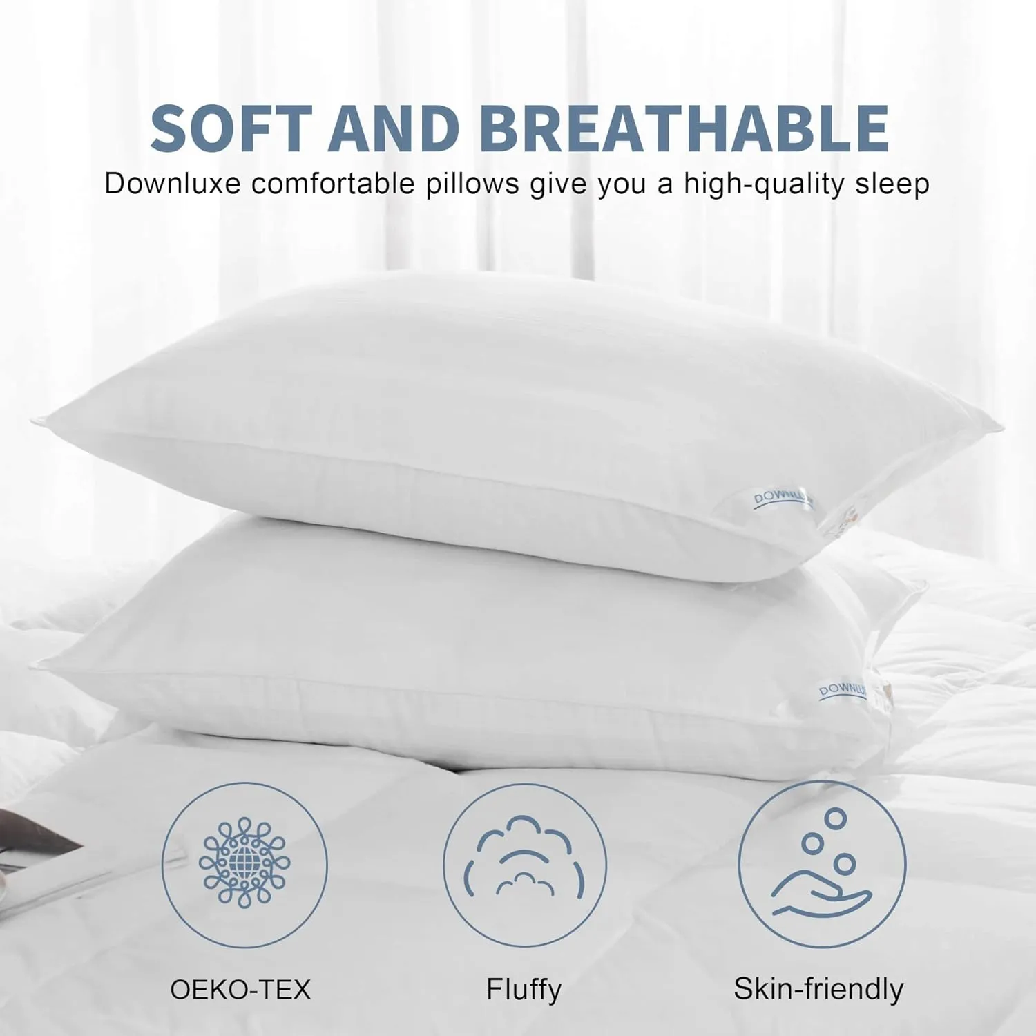 downluxe Down Alternative Pillows Queen Size Set of 2 - Hotel Collection Soft Bed Pillows for Sleeping, Perfect for Side, Back and Stomach Sleepers, 20 X 28