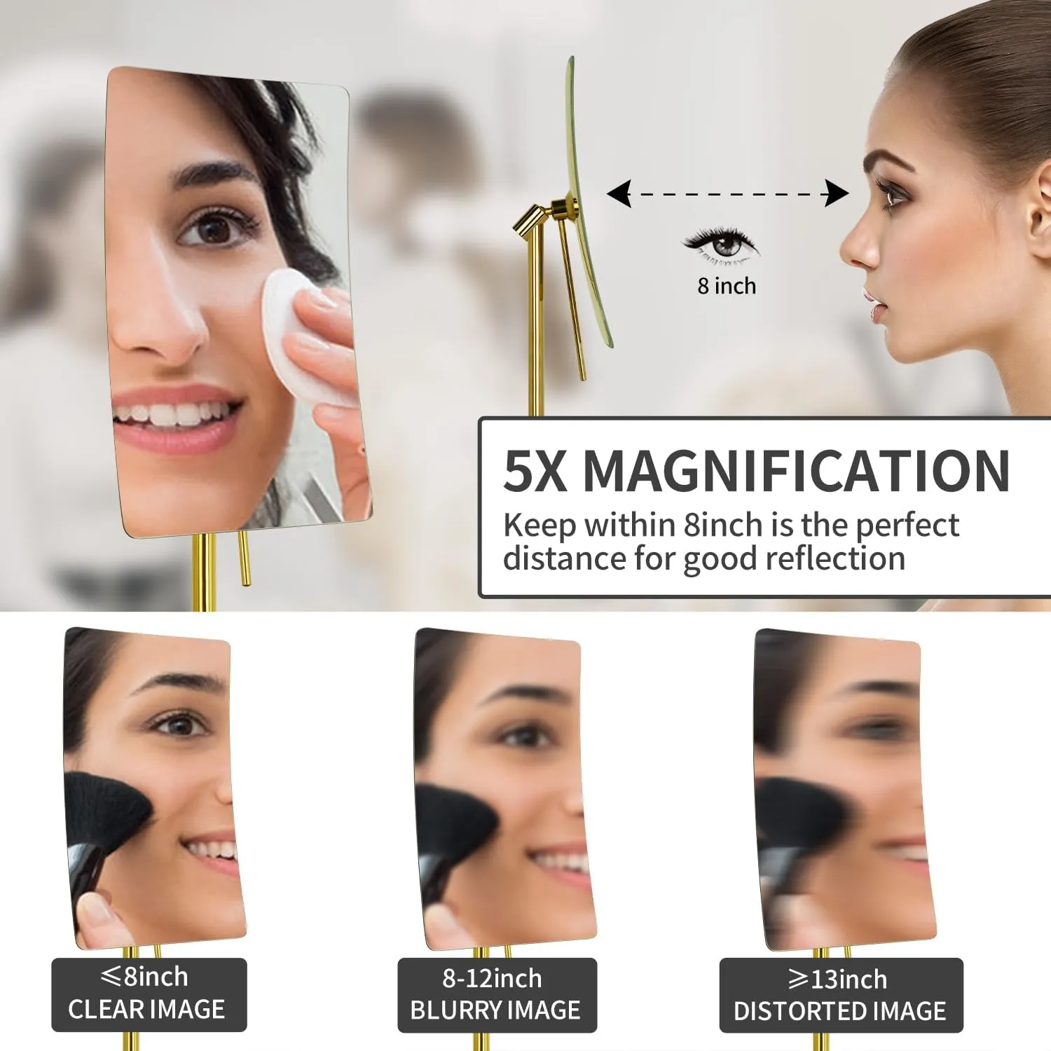 DOWRY 5X Tabletop Magnifying Makeup Mirror Adjustable Rectangular Vanity Mirror for Bedroom 304 Stainless Steel Gold Brushed