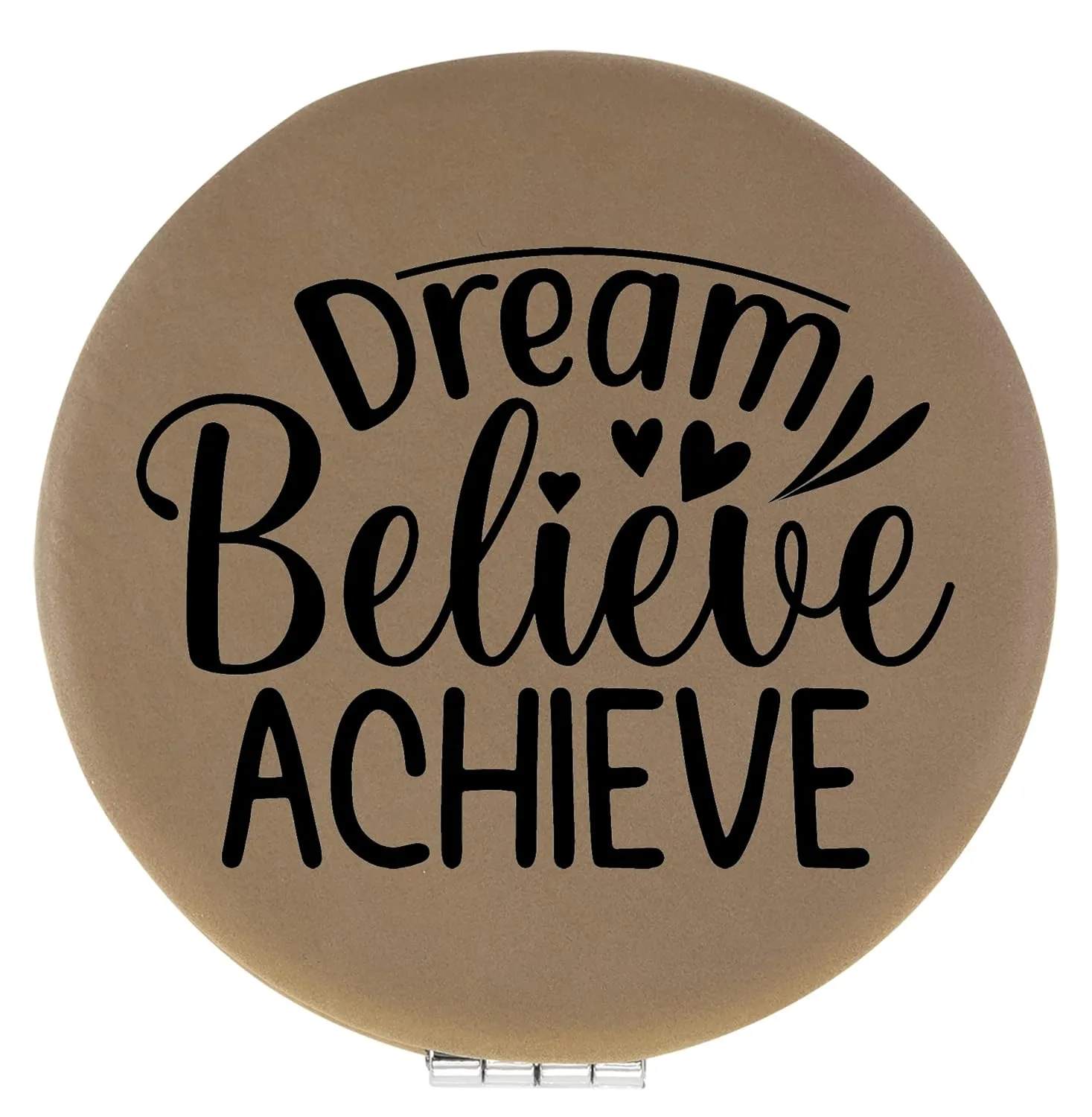 Dream Believe Achieve Light Brown Laser Engraved Leatherette Compact Mirror - Stylish and Practical Portable Makeup Mirror - 2.5 Inch Diameter