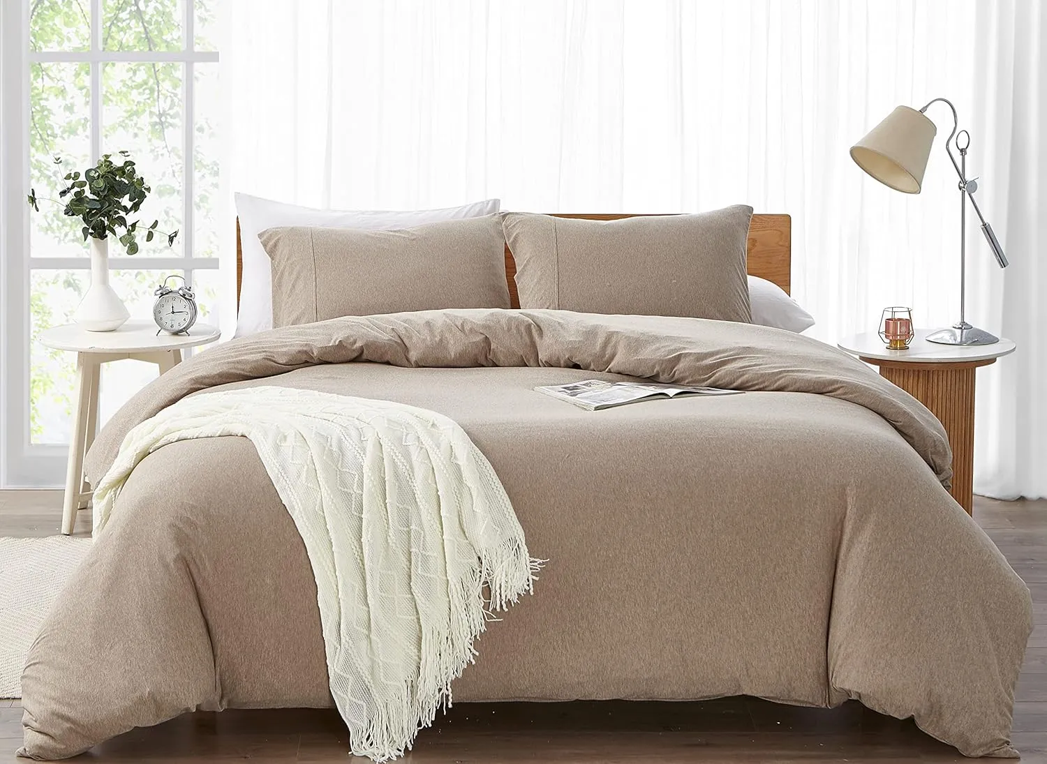 Dream Sunset 100% Cotton Jersey Knit Duvet Cover Set, Twin Size/Twin XL, Heather Brown, Breathable and Super Soft Skin Friendly Like T-Shirt, Zipper Closure, 1 Duvet Cover   1 Pillow case