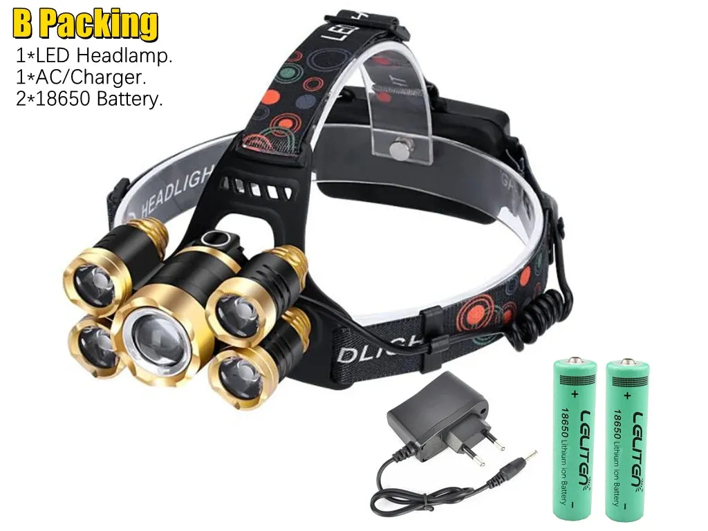 Drop Shipping  Powerful Headlight 5 LED T6 headlamp ZOOM Flashlight Torch Hunting head light Fishing light camping lantern