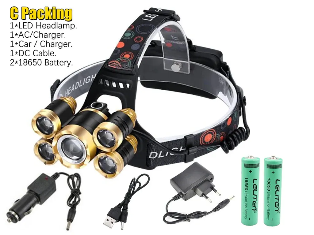 Drop Shipping  Powerful Headlight 5 LED T6 headlamp ZOOM Flashlight Torch Hunting head light Fishing light camping lantern