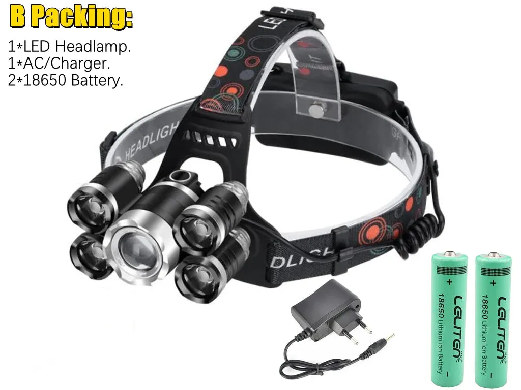 Drop Shipping  Powerful Headlight 5 LED T6 headlamp ZOOM Flashlight Torch Hunting head light Fishing light camping lantern