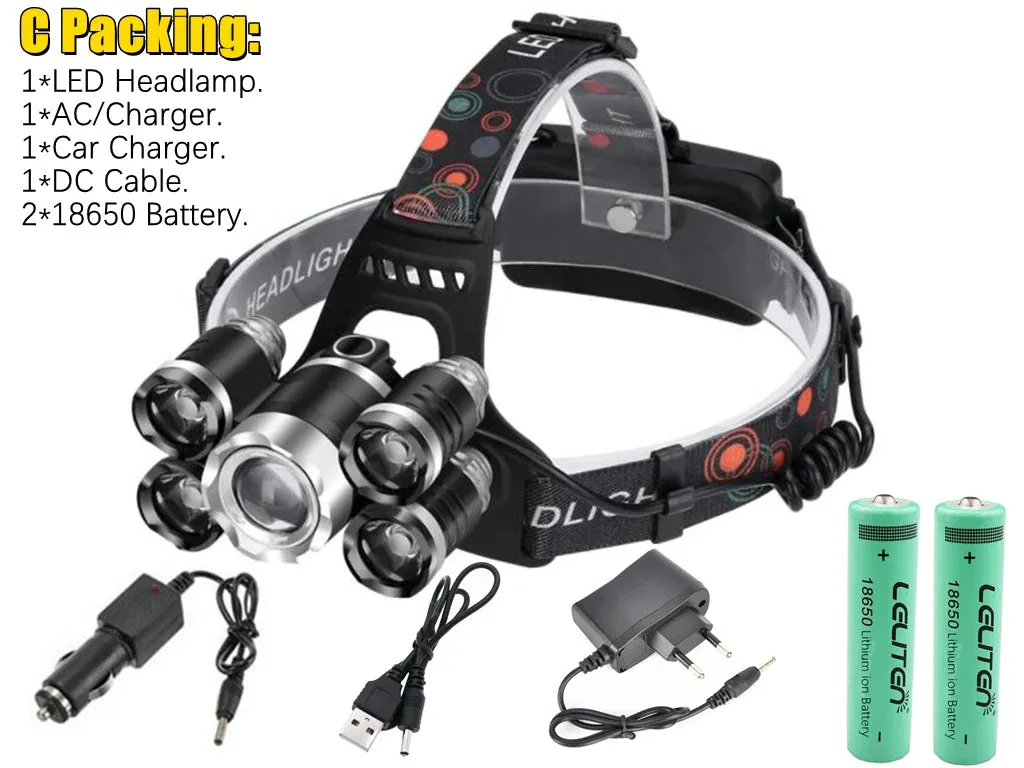 Drop Shipping  Powerful Headlight 5 LED T6 headlamp ZOOM Flashlight Torch Hunting head light Fishing light camping lantern