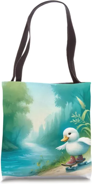 Duck Skateboarding Down Riverbank, Tranquil River. Humorous Tote Bag