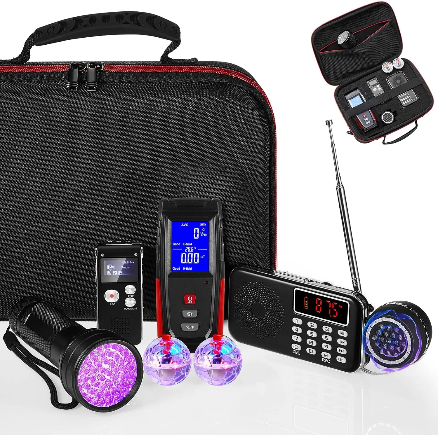 Dunzy 8 Pcs Ghost Hunting Equipment Kit, Include 1 Emf Meter 1 Spirit Ghost Hunting Research Case 1 Voice Recorders 1 Flashlight 1 Speaker 2 Motion Light up Cat Balls and 1 Fm Radio(Emf Meter 2)