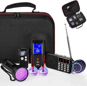 Dunzy 8 Pcs Ghost Hunting Equipment Kit, Include 1 Emf Meter 1 Spirit Ghost Hunting Research Case 1 Voice Recorders 1 Flashlight 1 Speaker 2 Motion Light up Cat Balls and 1 Fm Radio(Emf Meter 2)