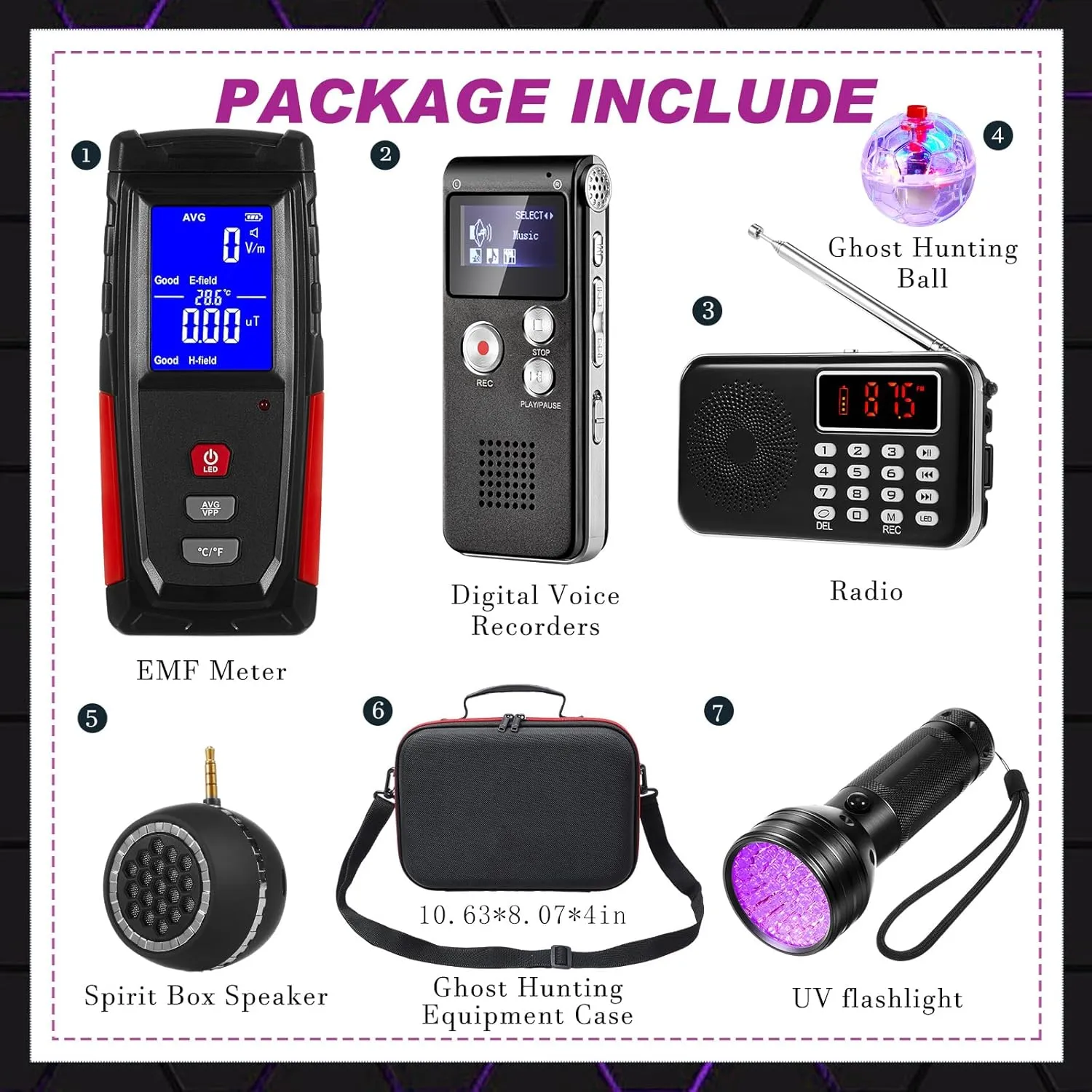 Dunzy 8 Pcs Ghost Hunting Equipment Kit, Include 1 Emf Meter 1 Spirit Ghost Hunting Research Case 1 Voice Recorders 1 Flashlight 1 Speaker 2 Motion Light up Cat Balls and 1 Fm Radio(Emf Meter 2)