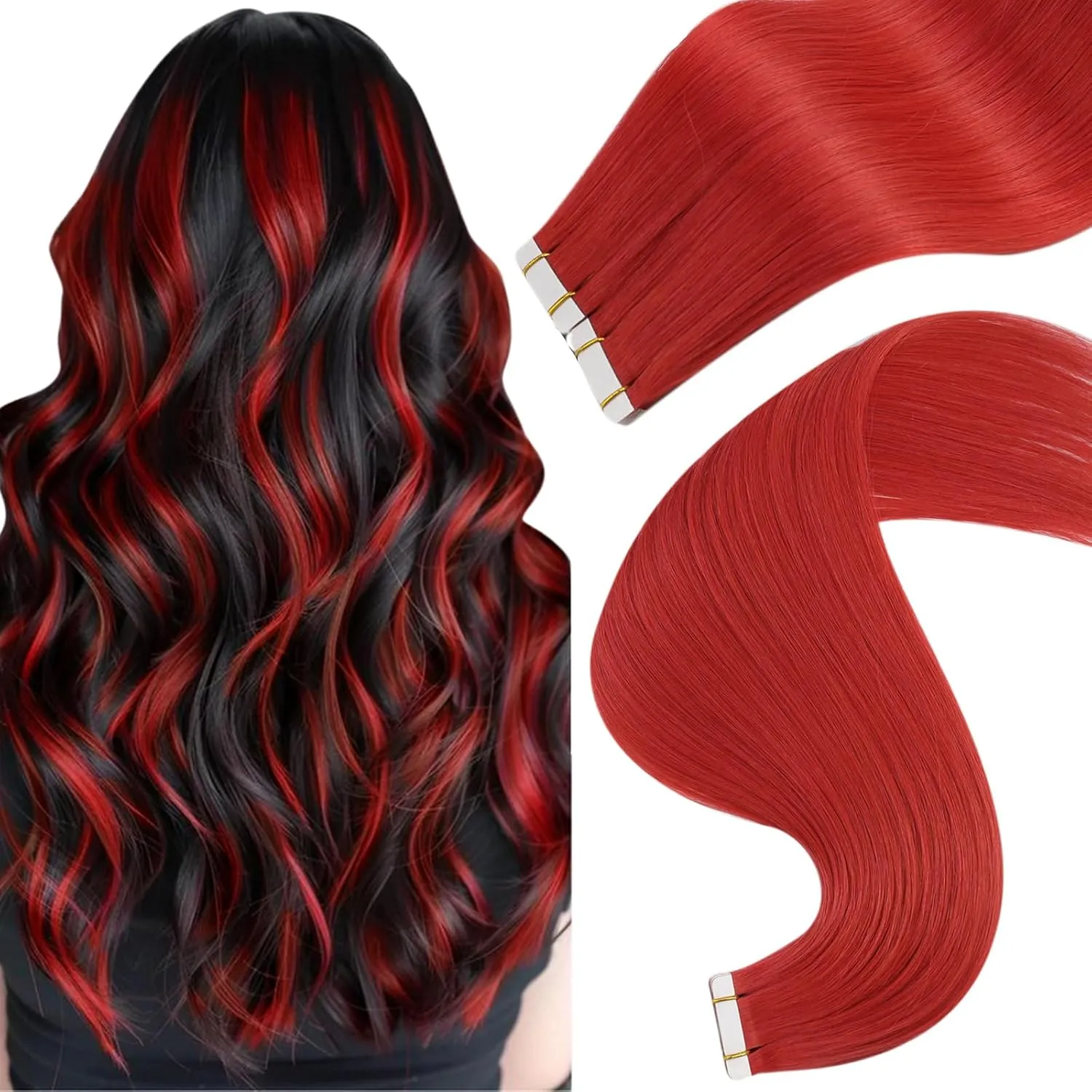 Easyouth Human Hair Tape in Extensions Red Seamless Tape in Hair Extensions Human Hair Red 18 Inch Tape ins Hair Extensions Real Human Hair Color for Fashion Show 25g 10pcs