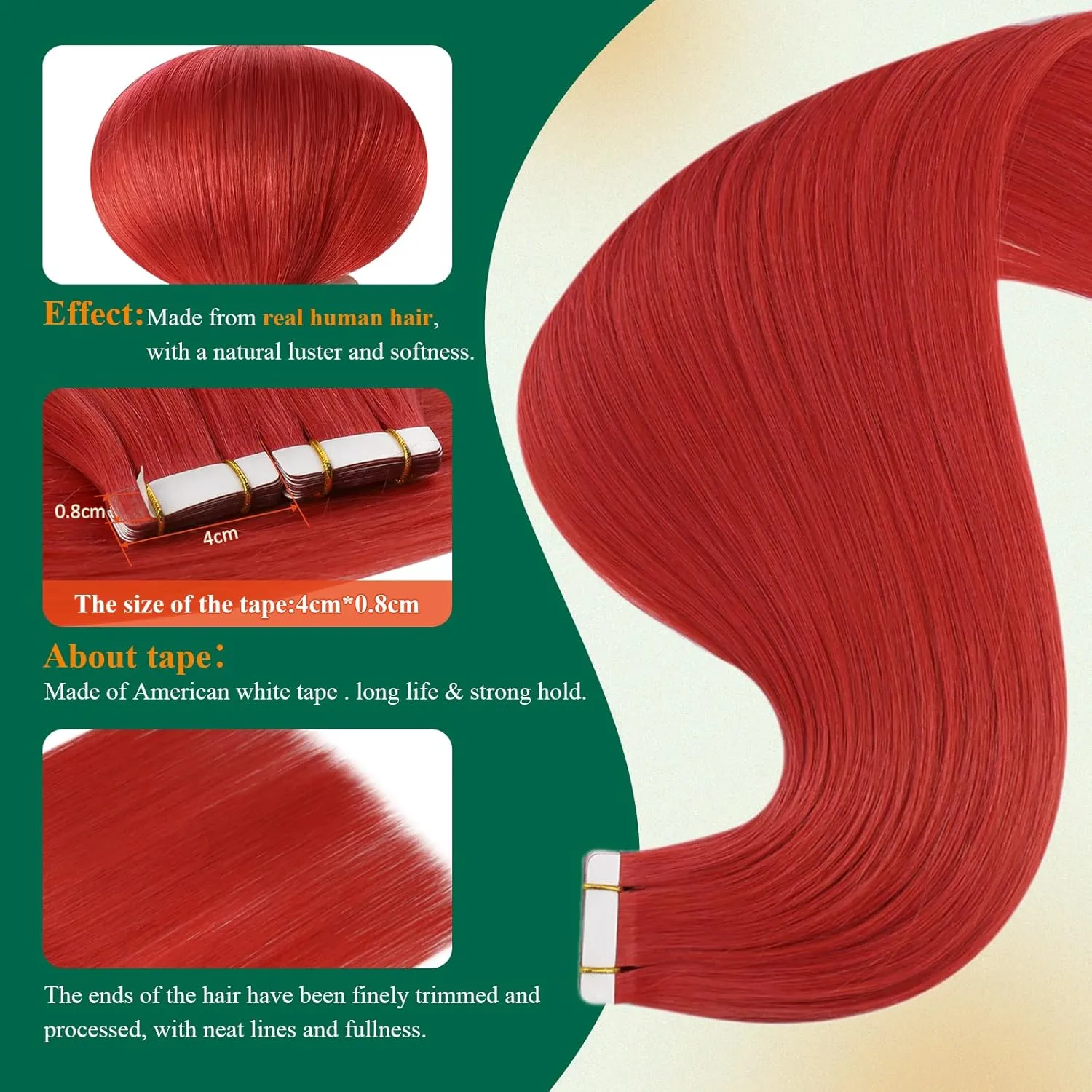 Easyouth Human Hair Tape in Extensions Red Seamless Tape in Hair Extensions Human Hair Red 18 Inch Tape ins Hair Extensions Real Human Hair Color for Fashion Show 25g 10pcs